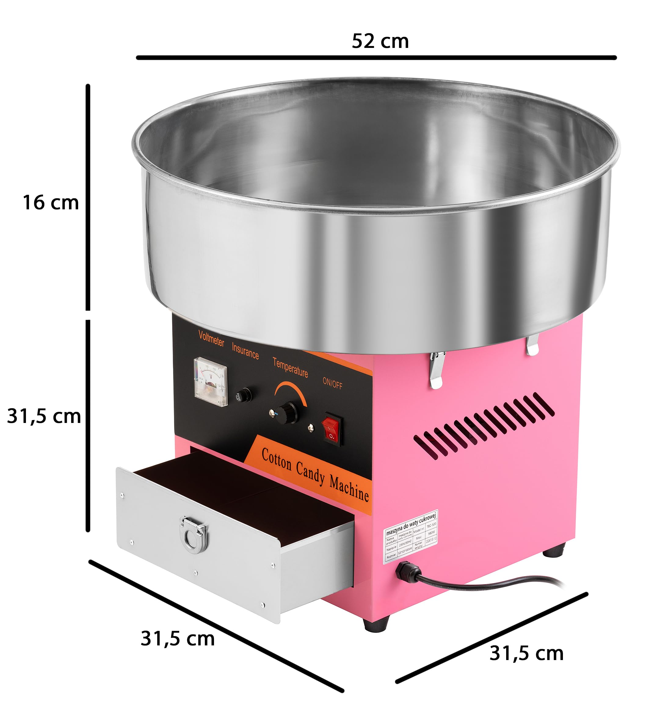 Professionelle Zuckerwattemaschine 980W – Elektrische Zuckerwatte Maschine aus Edelstahl mit Temperaturregelung & Aufbewahrungsschublade | Zuckerwattemaschine für Events, Partys & Gastronomie
