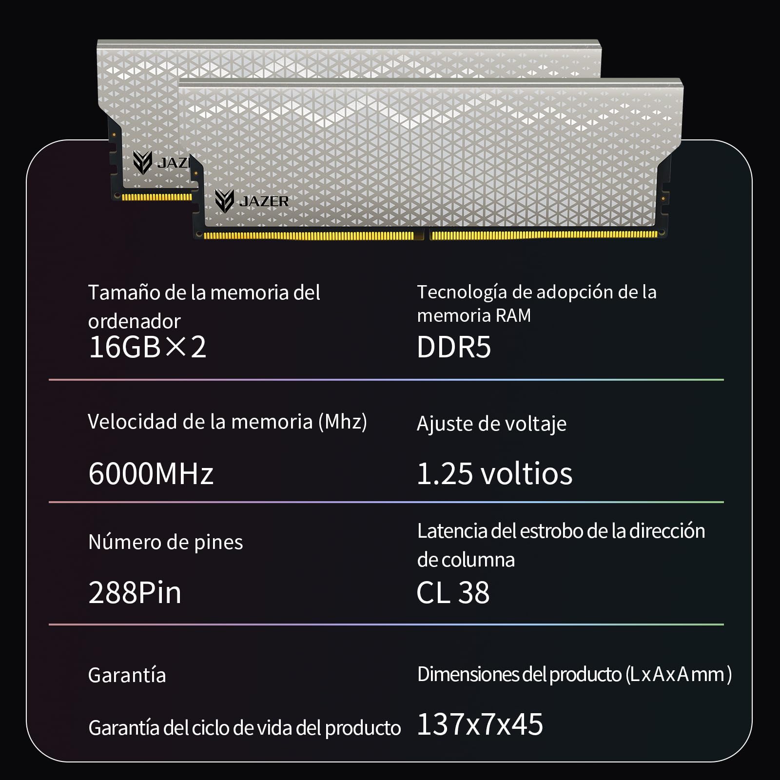 JAZER Memoria RAM DDR5 de 32GB (2 x 16GB) 6000MHz CL38, Memoria de Escritorio para PC de Juegos, DIMM de Alto Rendimiento