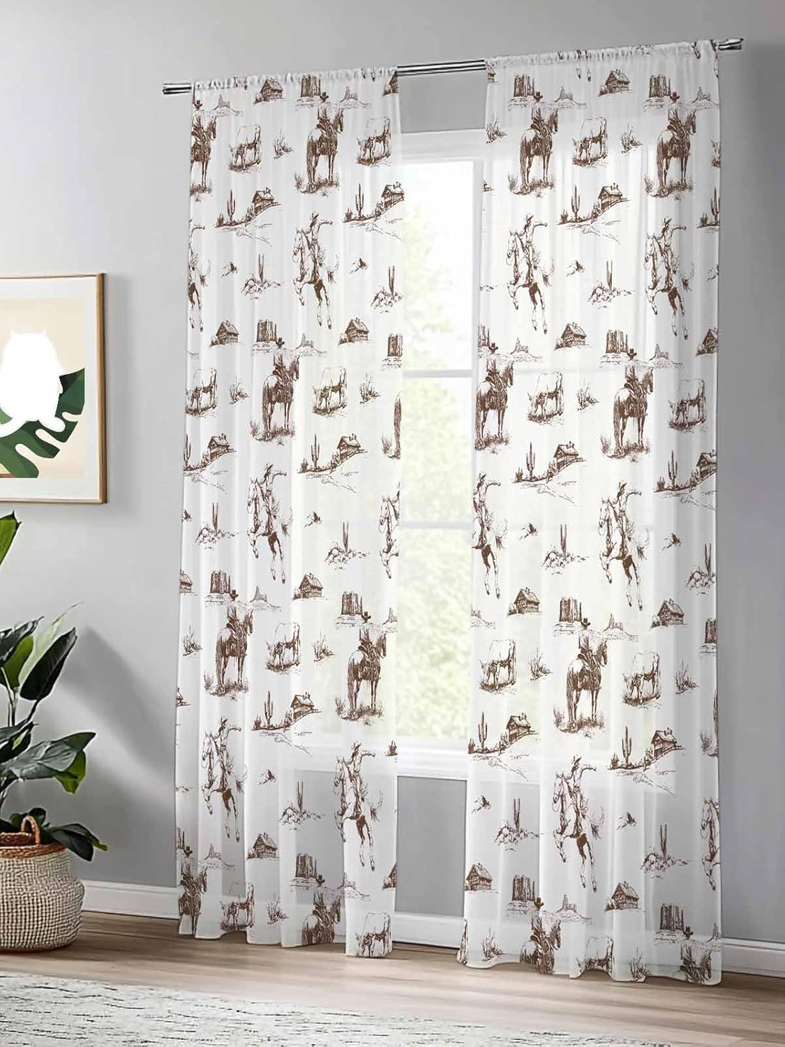 Brown Western Cowboy Sheer Curtains 84 Inches Length 2 Panels Set Chiffon Curtain Sheers for Living Room, Farmhouse Vintage Ethnic Art Rod Pocket Window Drapes Sheer Privacy Curtains Panels