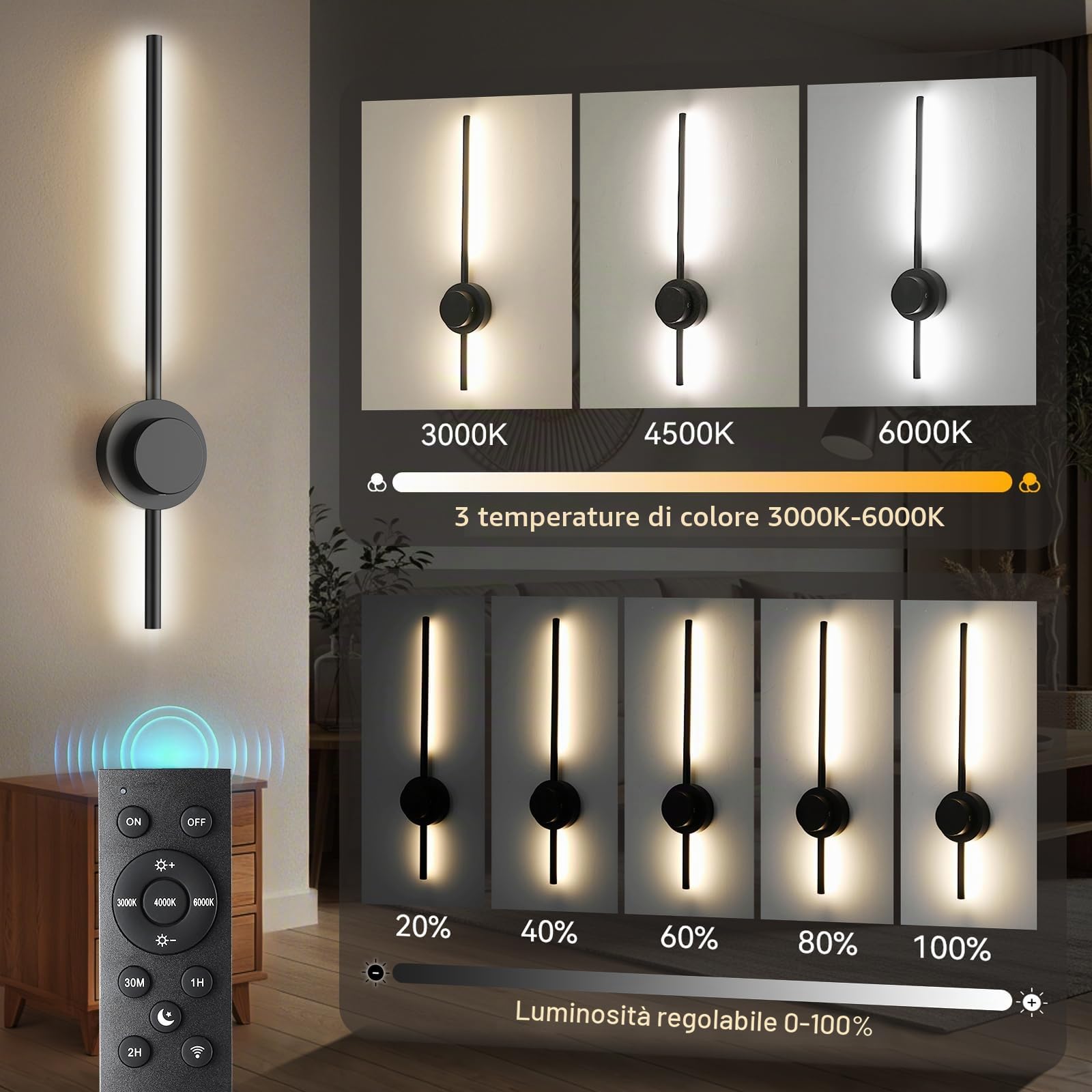 Applique da Parete Interno da 70 cm, Moderna Luci Led Camera da Letto da 8W 30LM, Applique da Parete in Alluminio 3000K/4500K/6000K, Soggiorno, Cucina, Corridoio, Nero (2 Pezzi)