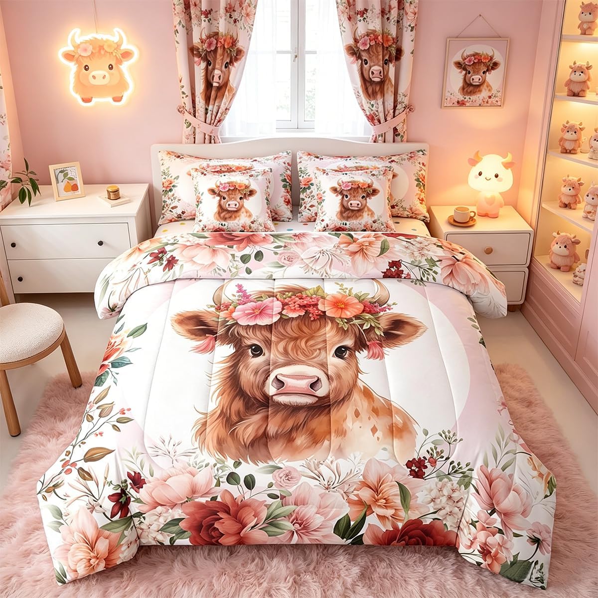 Feelyou Cute Highland Cow Bedding Set Queen Size 7 Pieces Cartoon Animal Comforter Set Flower Floral Print Farm Zoo Garden Theme Bed in a Bag with Comforter, Sheets, Pillowcases & Cushion Cover