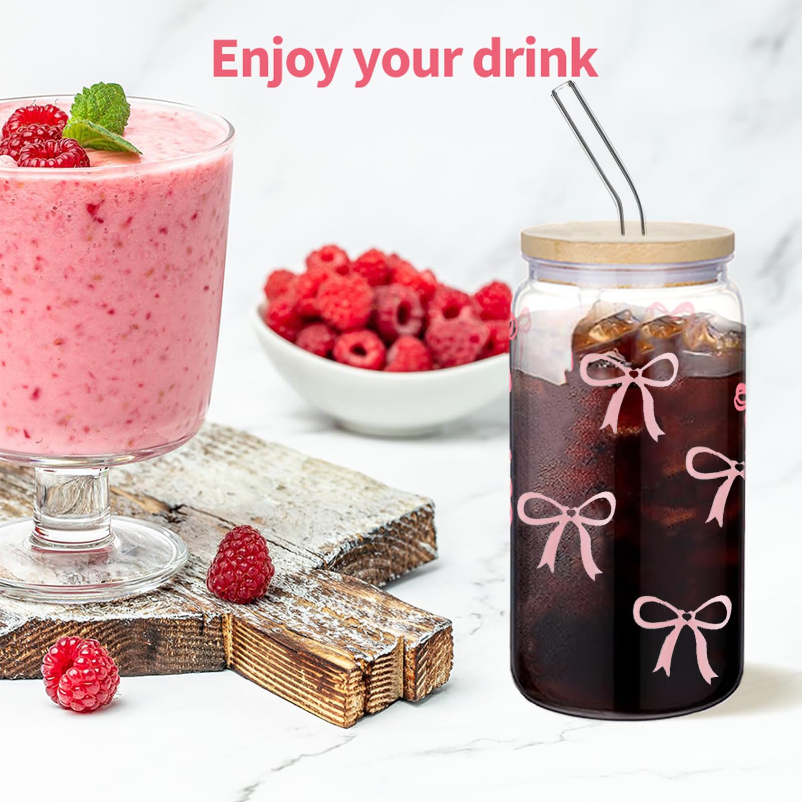Bow Glasbecher 16 Oz Mit Deckel & Strohhalm – Elegantes Bogen-Design, Für Kaffee, Cocktails, Smoothies, Geschenk