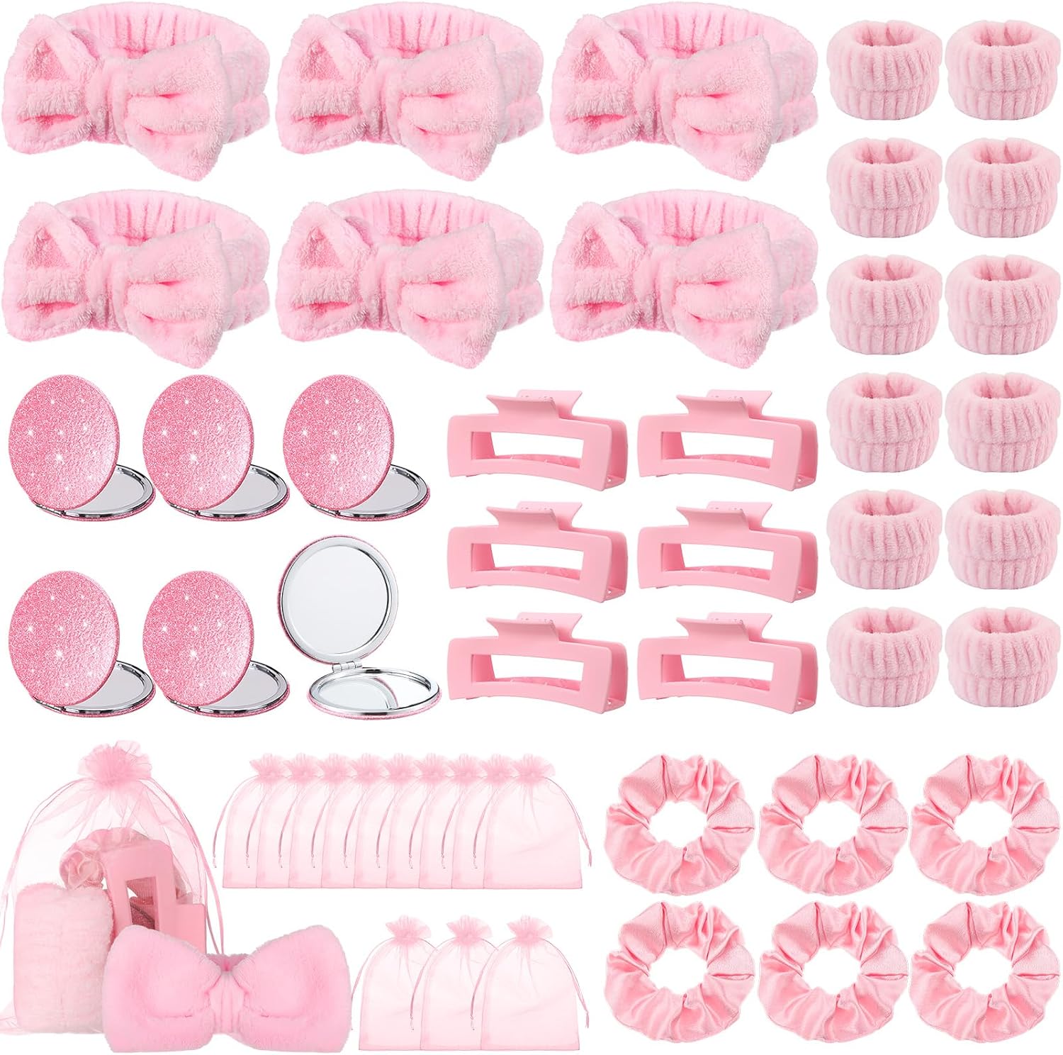 Fanfanwin 42 Pcs Pink Sleepover Party Supplies 6 Spa Headband 12 Pink Wristbands 6 Hair Clip 6 Hair Scrunchies 6 Mirror 6 Organza Bags for Spa Party Favors Birthday Slumber Bridal Showers Gifts