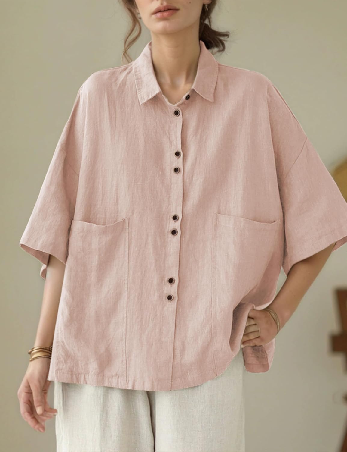 QIBABU Linen Button Down Shirt for Women Casual Half Sleeve Blouses Summer Collared Tops - Image 4