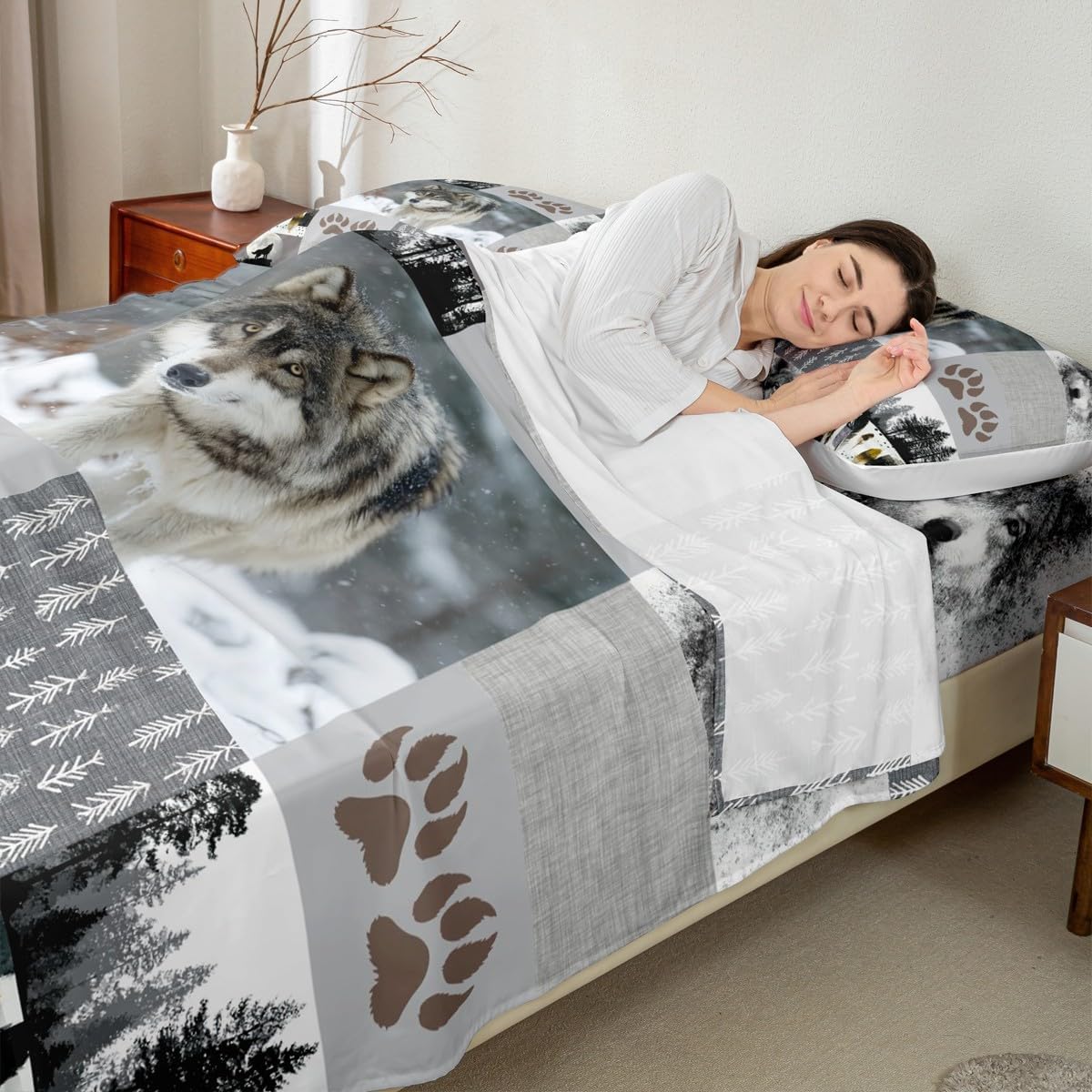 Wolf Kids Sheet Queen Size,Wolf Paws Print Pine Trees Wild Adventure Bedding Set,Boys Girls Adults Room Decor,Geometric Plaids Patchwork Rustic Bed Sheet Set 4pcs(Fitted + Flat + 2 Pillowcases)