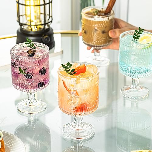 Miniatura 3 de Juego de 4 copas románticas vintage con diseño floral en relieve, vasos mezclados para bebidas, para bares, restaurantes, fiestas y cenas elegantes,