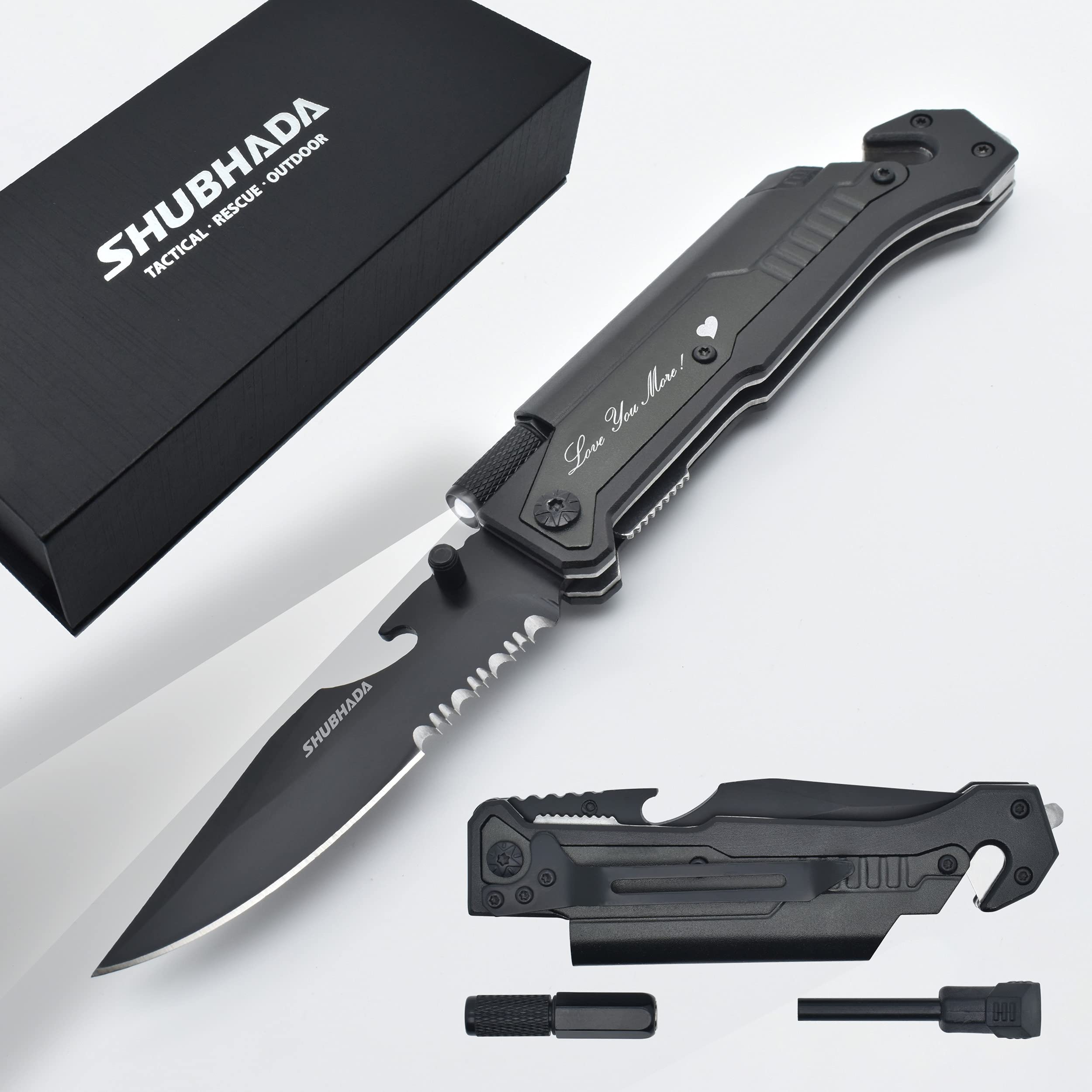SHUBHADA Father's Gift Folding Pocket Knives Multi Function Emergency Tool Knives Led Light Magnesium fire starter Seatbelt cutter Glass breaker Bottle opener?Black?