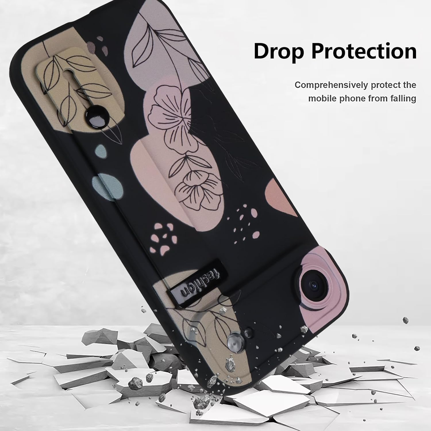 Case for iPhone Air Silicone Phone Case with Strap for Women Girls Cute Floral Flowers Design, Adjustable Finger Strap Kickstand Protective Cover, Black - Image 3