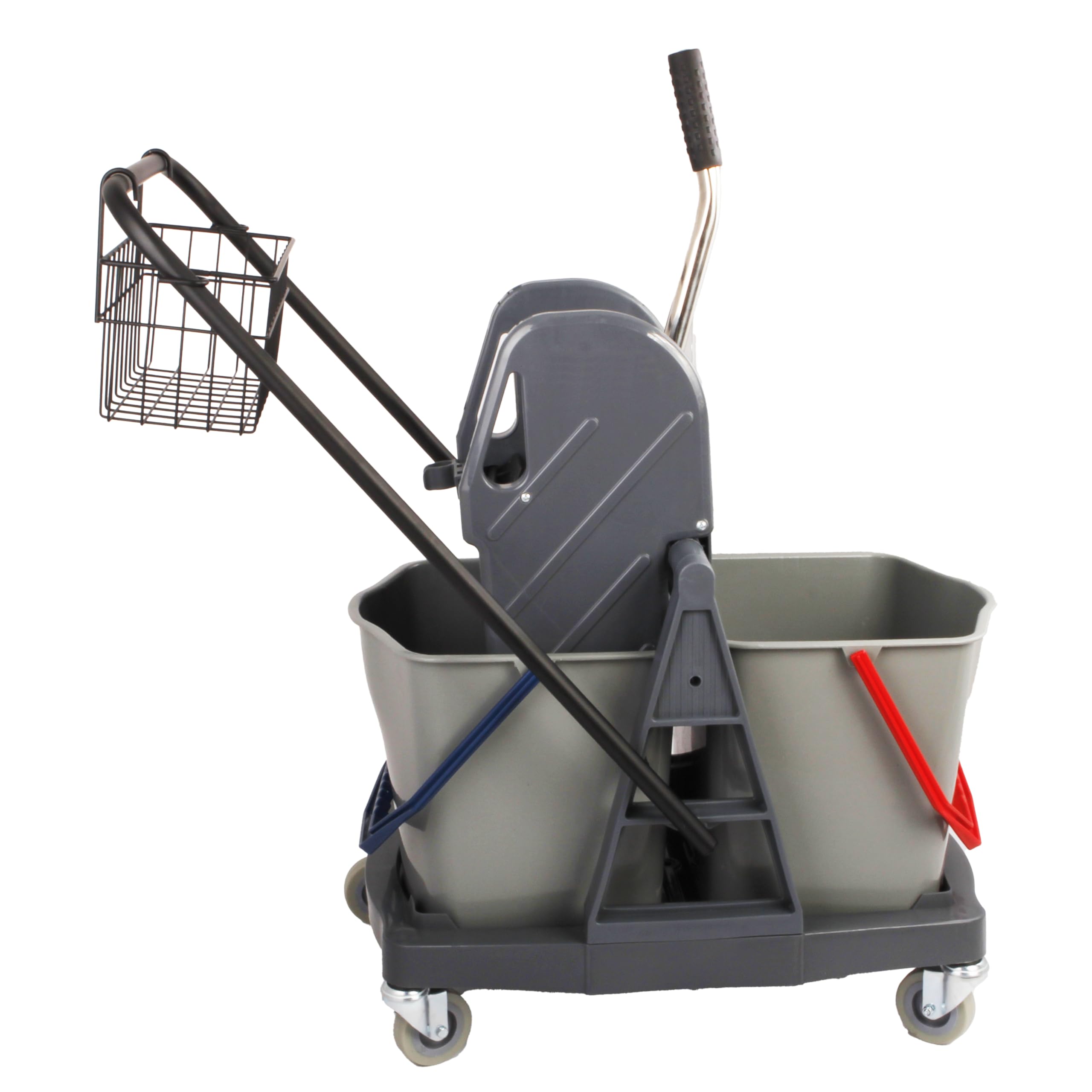 Carro de Limpieza Profesional 2X 25L, Prensa y Mopa Completa | Kit con cubos de segregación, soporte magnético, mango ergonómico y limpiadores de 1L para parqué, PVC y baldosas