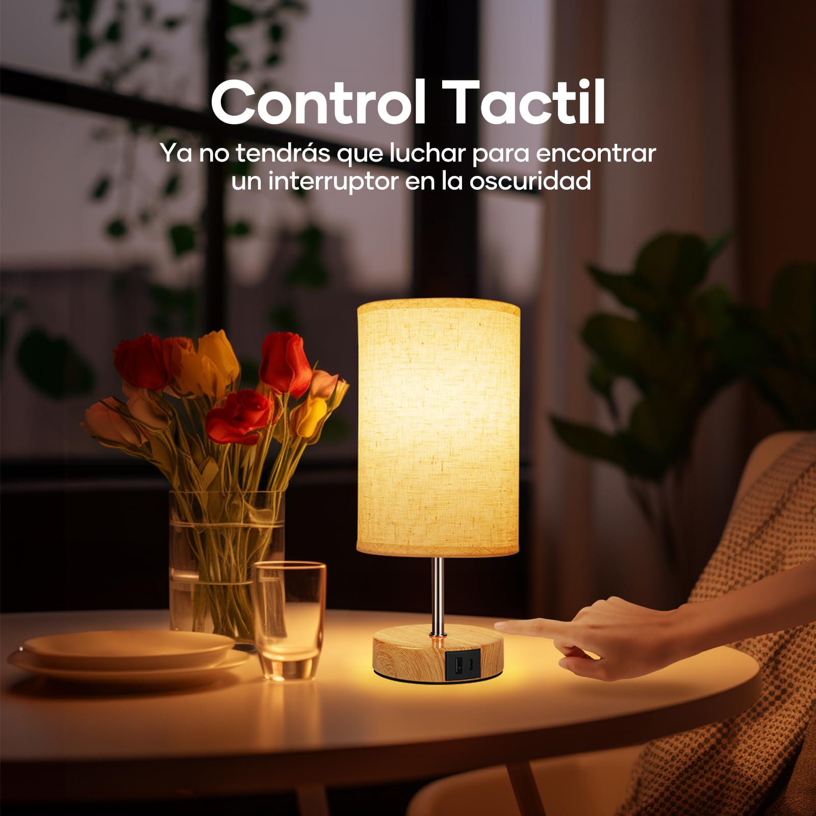 Suright 2 Piezas Lámparas de Mesita de Noche Táctil Regulable, Lámpara de Noche con Puertos de Carga USB A+C, Lámpara de Mesa Pequeña para Dormitorio Salón (Bombilla Incluida)