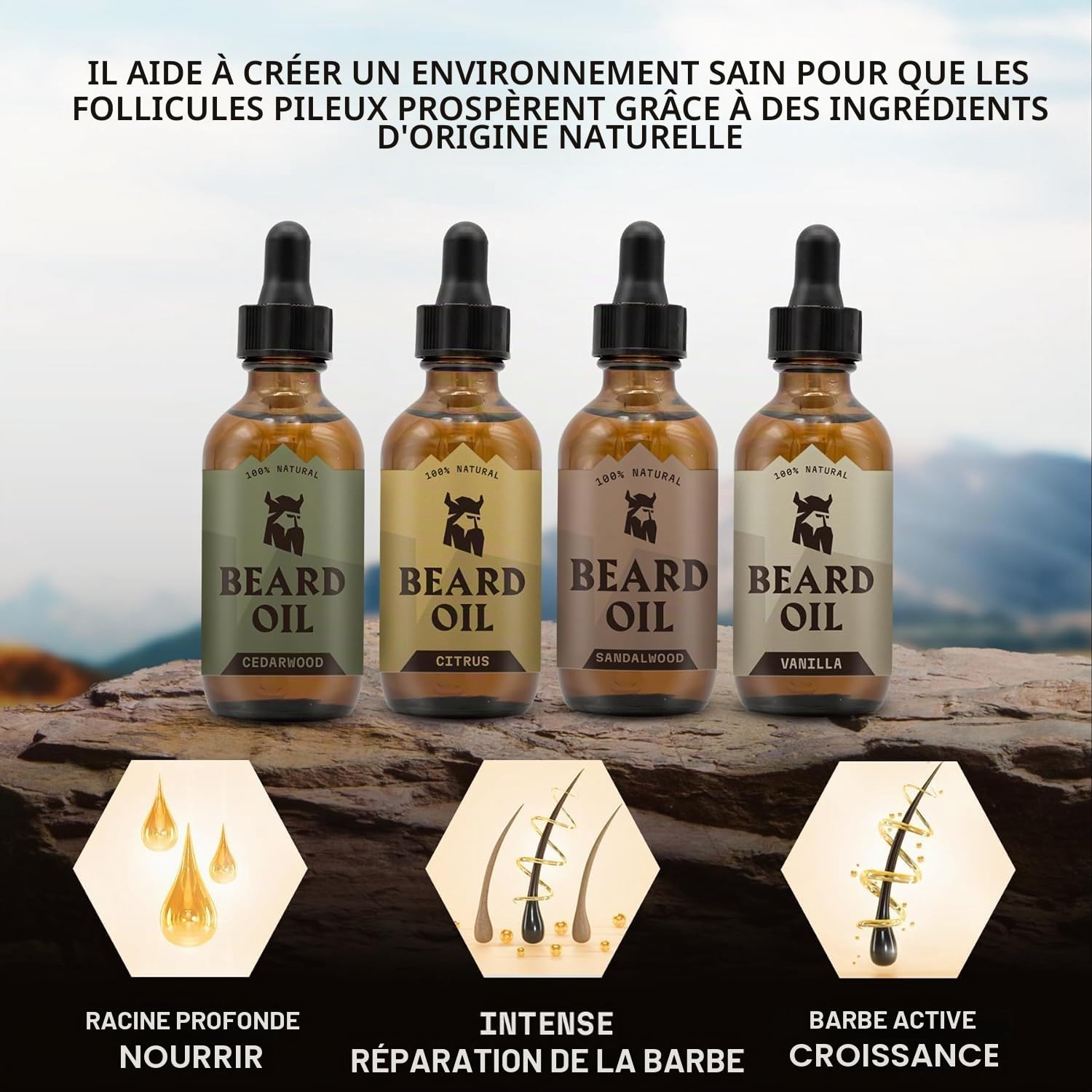 Striking Viking Lot de 4 huiles à barbe pour homme – Infusion adoucissante de style barbier – Favorise une croissance plus complète de la barbe – Senteurs De Santal, De Vanille, De Cèdre et D'agrumes