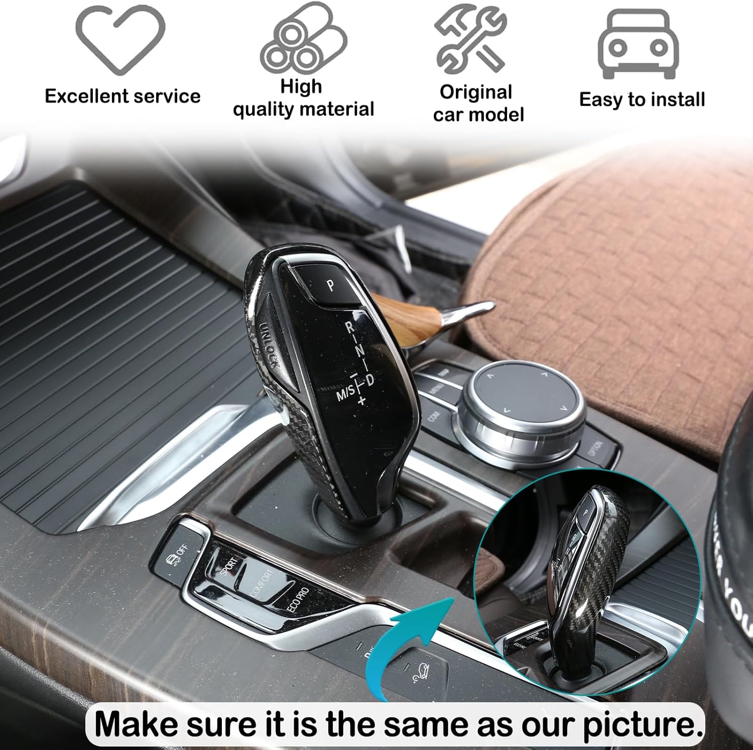 Gear Shift Knob Head Cover Compatible with BMW G30 5 Series F06 6 Series G11 7 Series G01 X3 G02 X4 Car Gear Head Cover Gear Handle Gear Lever Protective Shell(Carbon Fiber，Black)