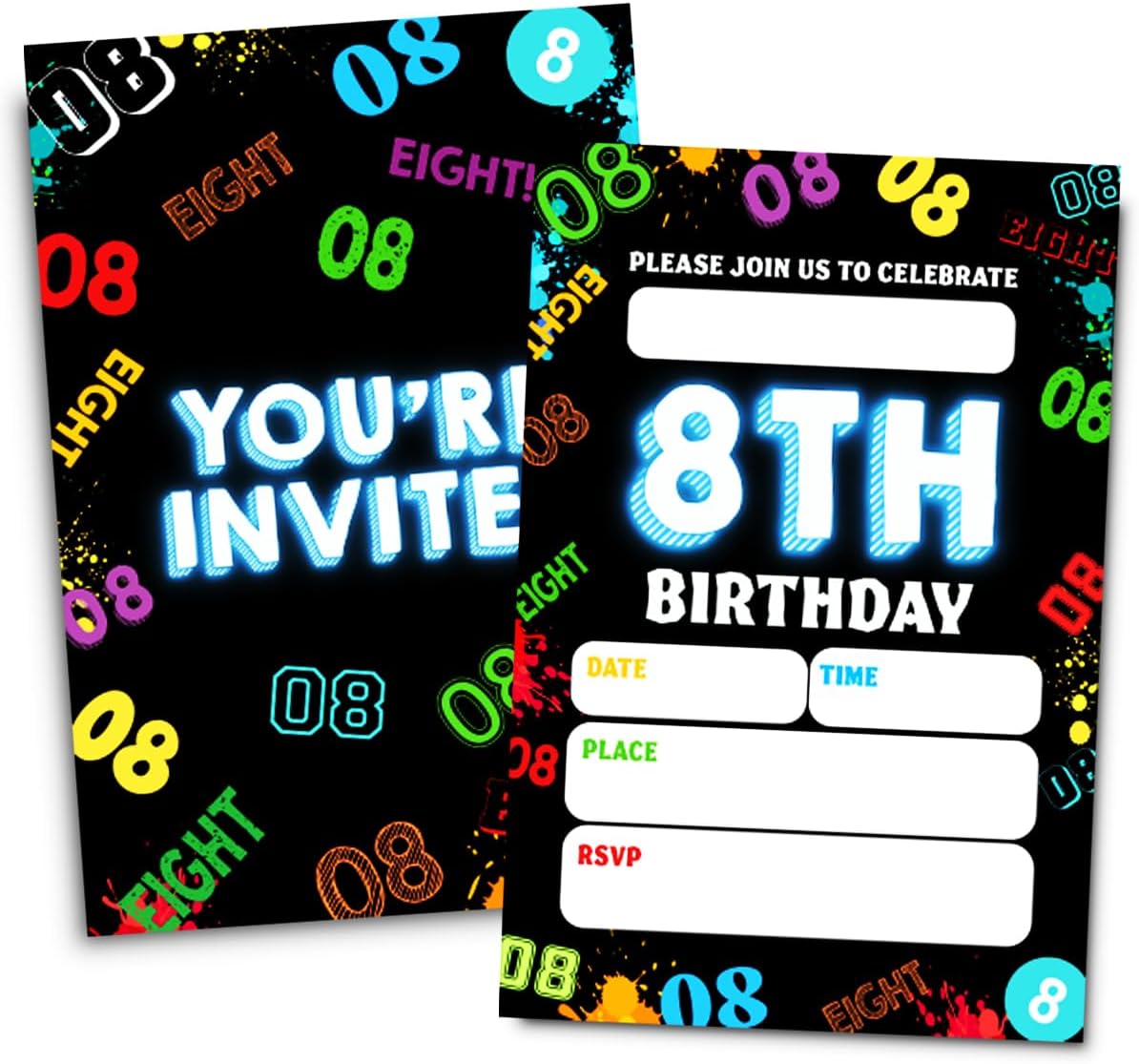 8th Birthday Party Invitations, Neon Eight Year Old Invitations Card for Boys Girls (30 Cards & 30 Envelopes)