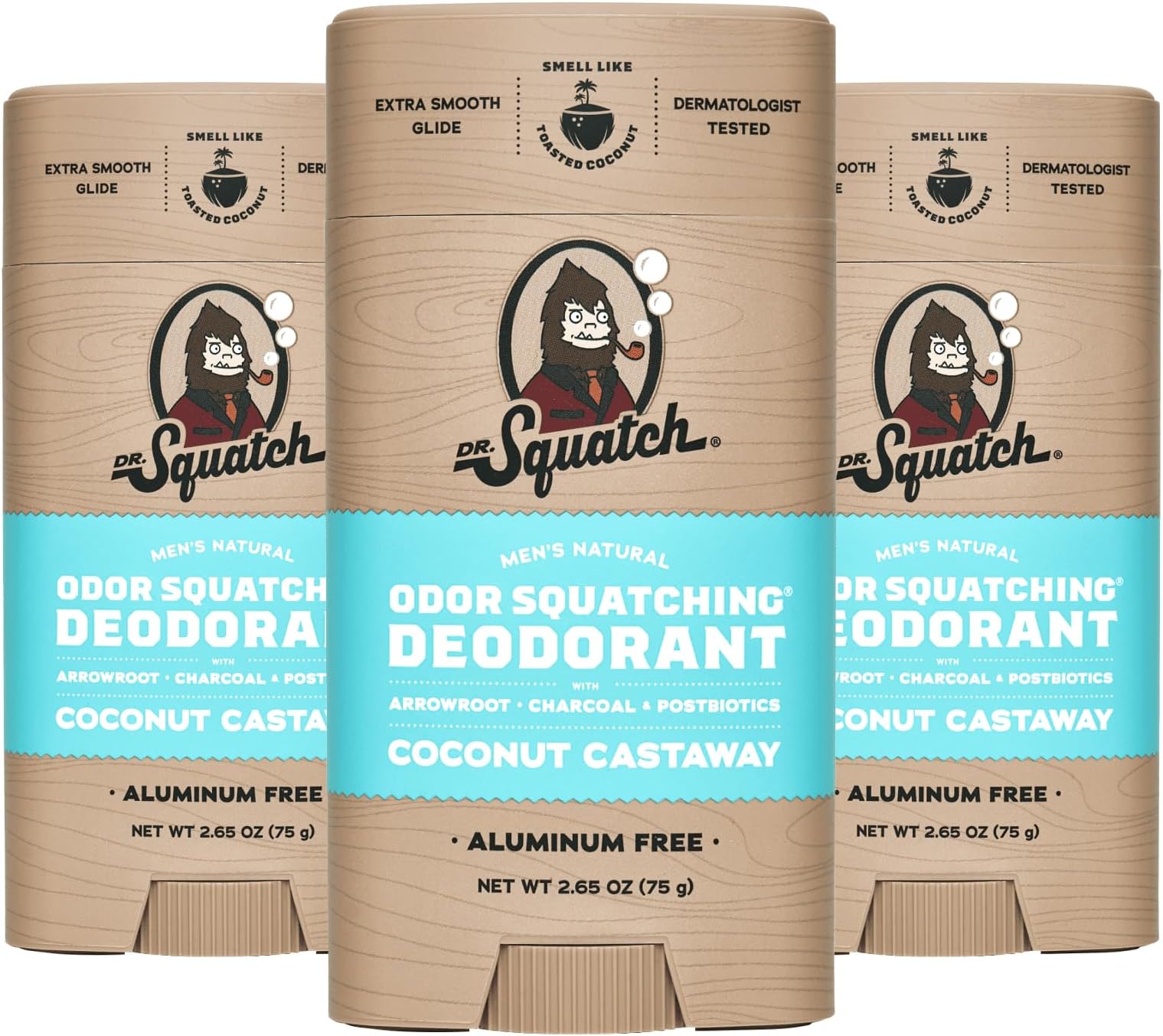 Dr. Squatch Natural Deodorant for Men - Odor-Squatching Aluminum Free - Coconut Castaway (2.65 oz, 3-Pack)