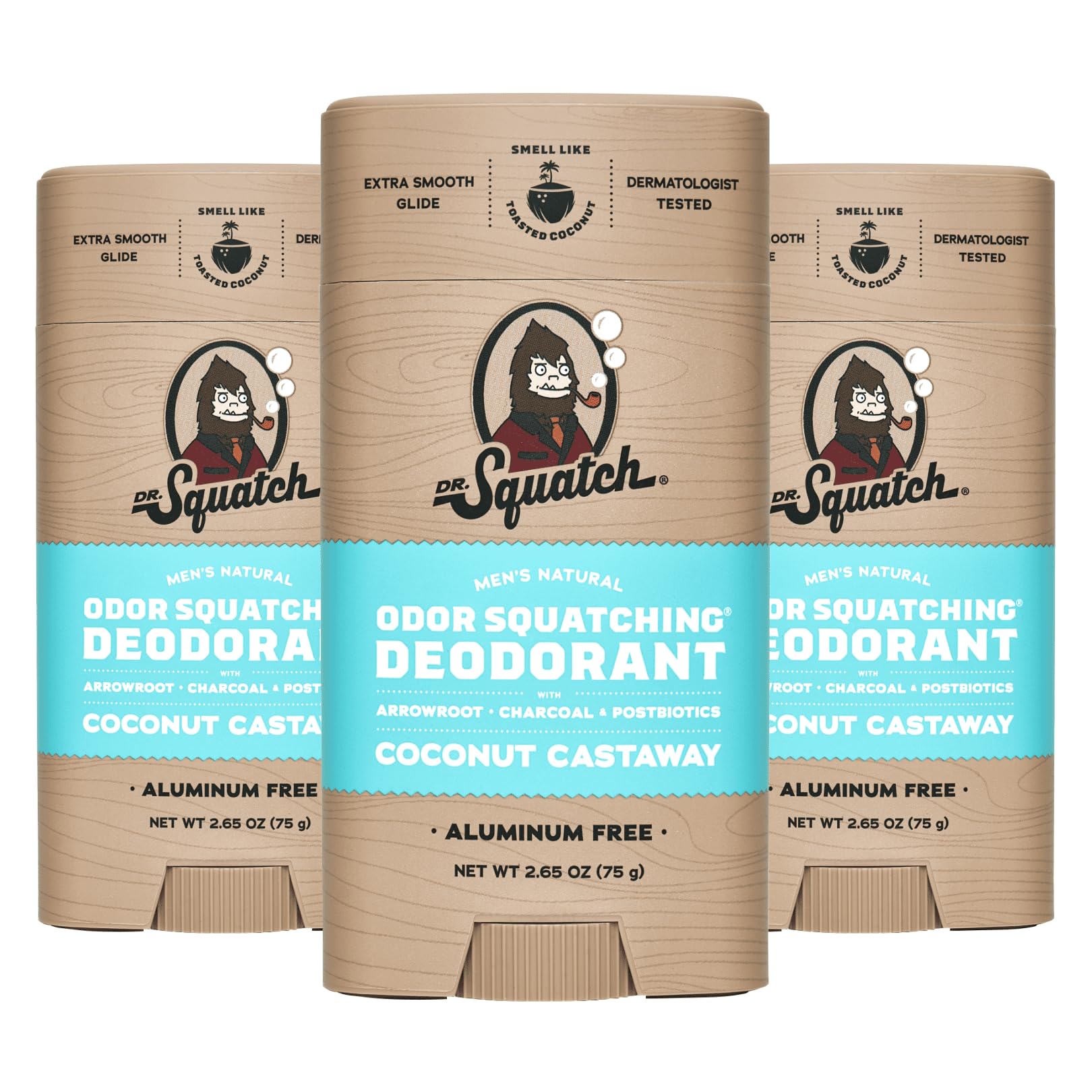 Dr. Squatch Natural Deodorant for Men - Odor-Squatching Aluminum Free - Coconut Castaway (2.65 oz, 3-Pack)