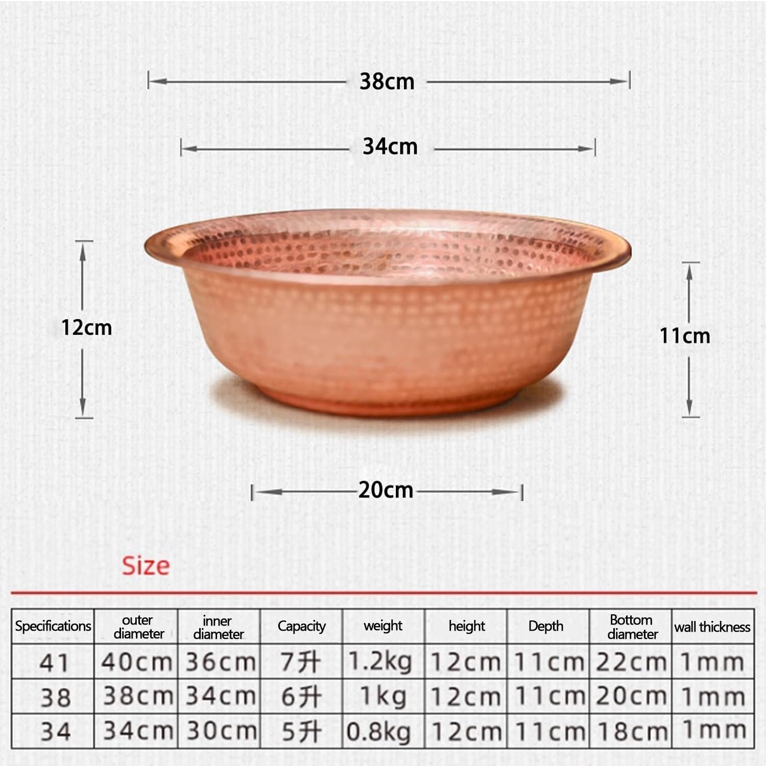 Bassin En Cuivre Pur Martelé Main ，Bain De Pieds Portable Pour Célébration De Mariage & Lavage Du Visage ，Brasero Portable Sans Fumée & Bassin De Relaxation Spa(A,34cm(5L/1.3gal))