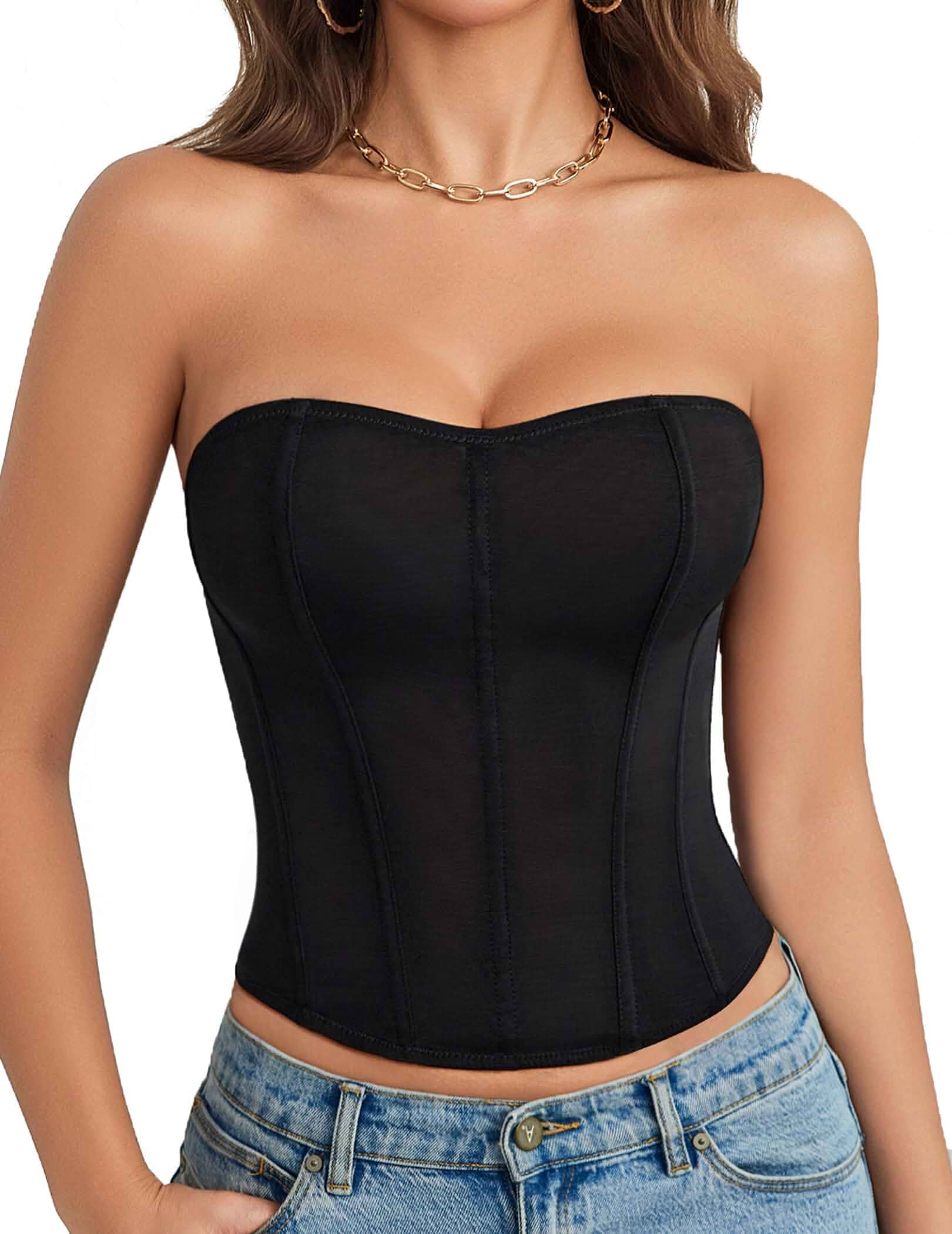 Avidlove Corset Tops for Women Mesh Strapless Bustier Boned Tie Back Top Going Out Party Tops Lingerie
