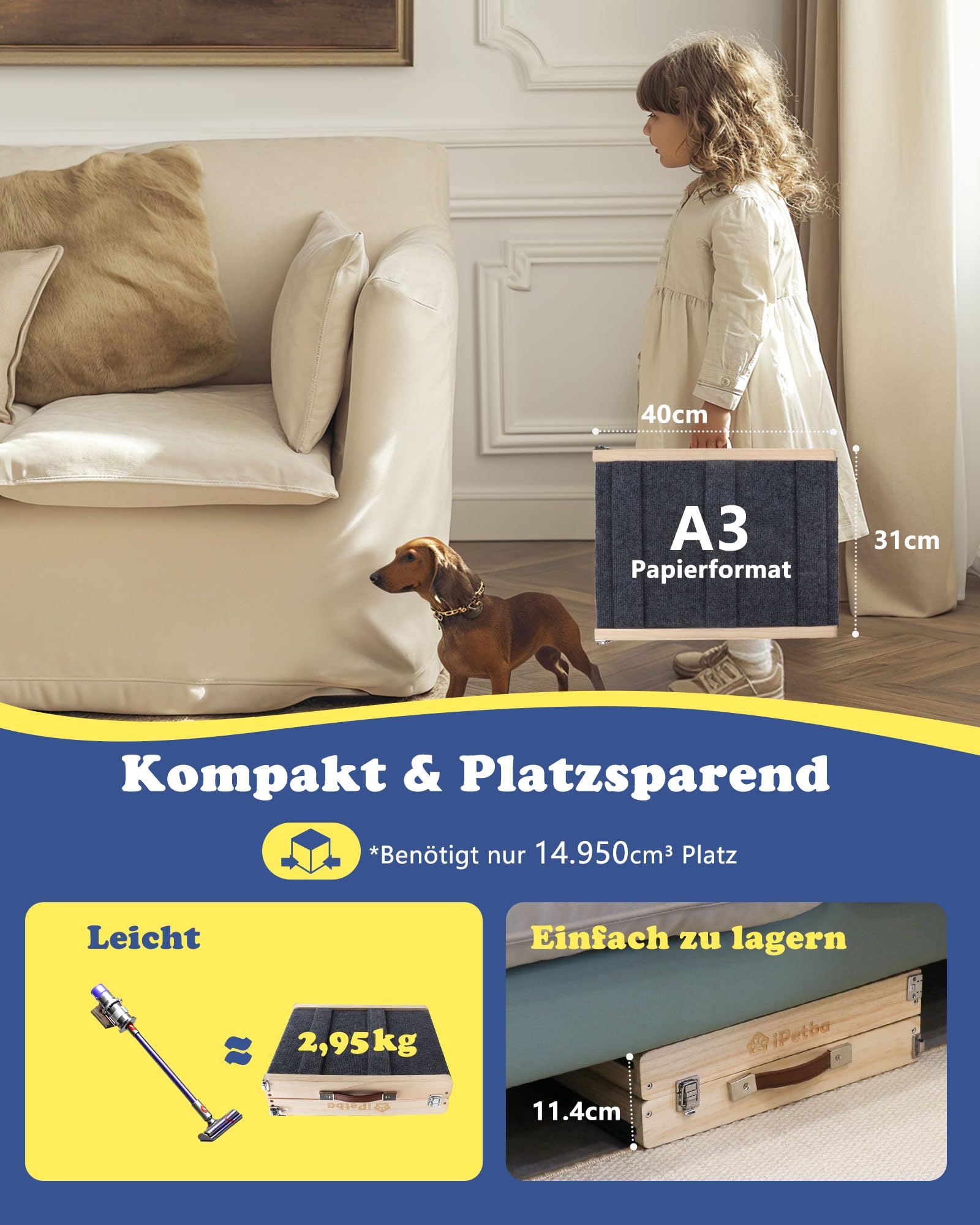 Hunderampe für Sofa und kleine Hunde bis 16 kg, Rampe für Couch und niedrige Möbel, aus Holz, höhenverstellbar, klappbar, rutschfest