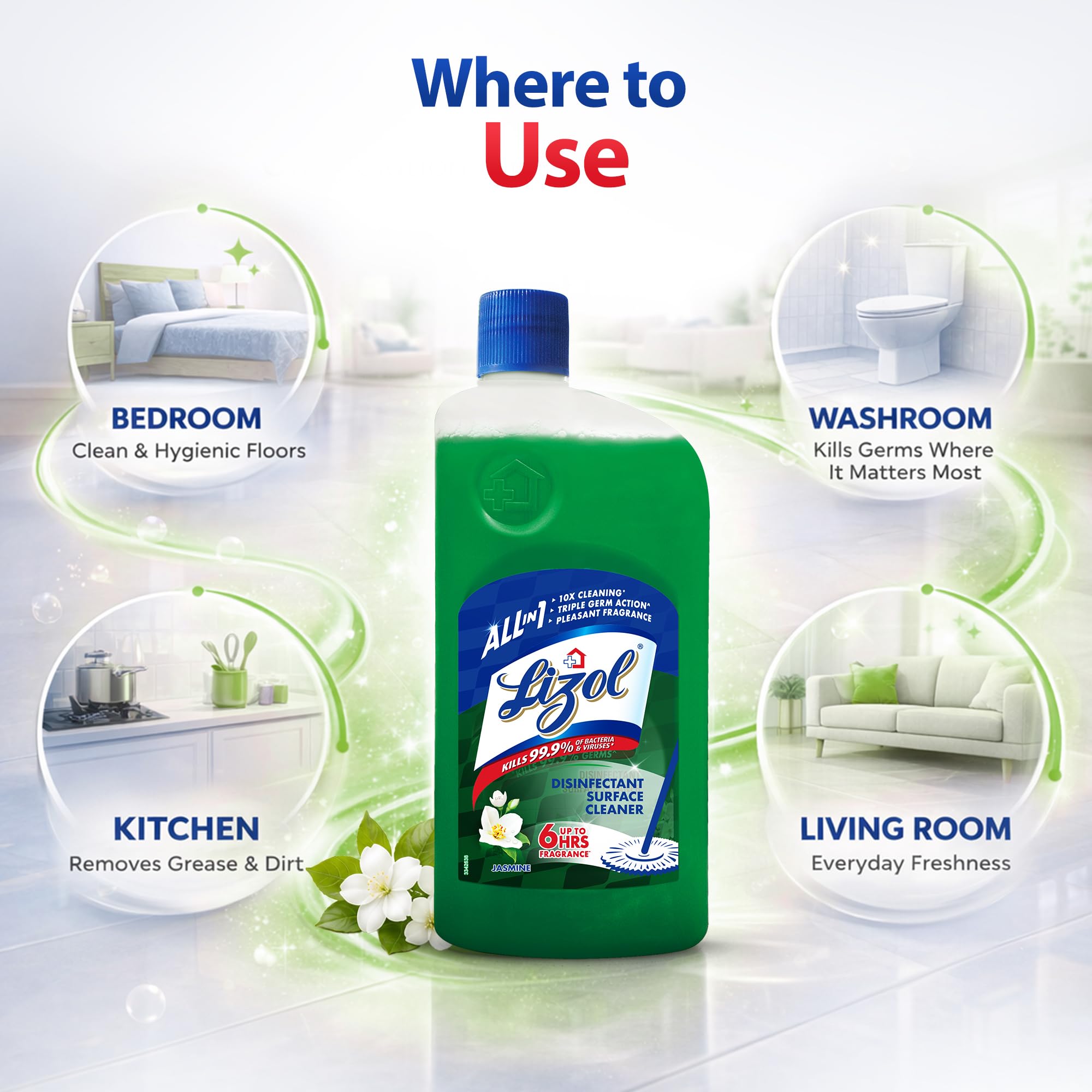 Lizol Disinfectant Surface & Floor Cleaner Liquid, Jasmine - 1 Litre & Kitchen Cleaner Spray - 450 Ml 3