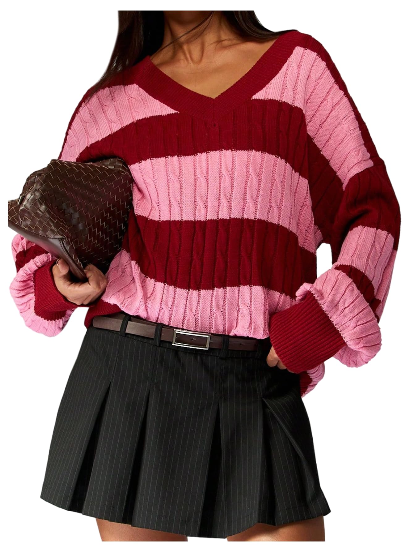 Womens Fall Striped Sweater Cable Knit Lightweight Sweater Oversized Knit Top Long Sleeve V Neck Pullover Jumper