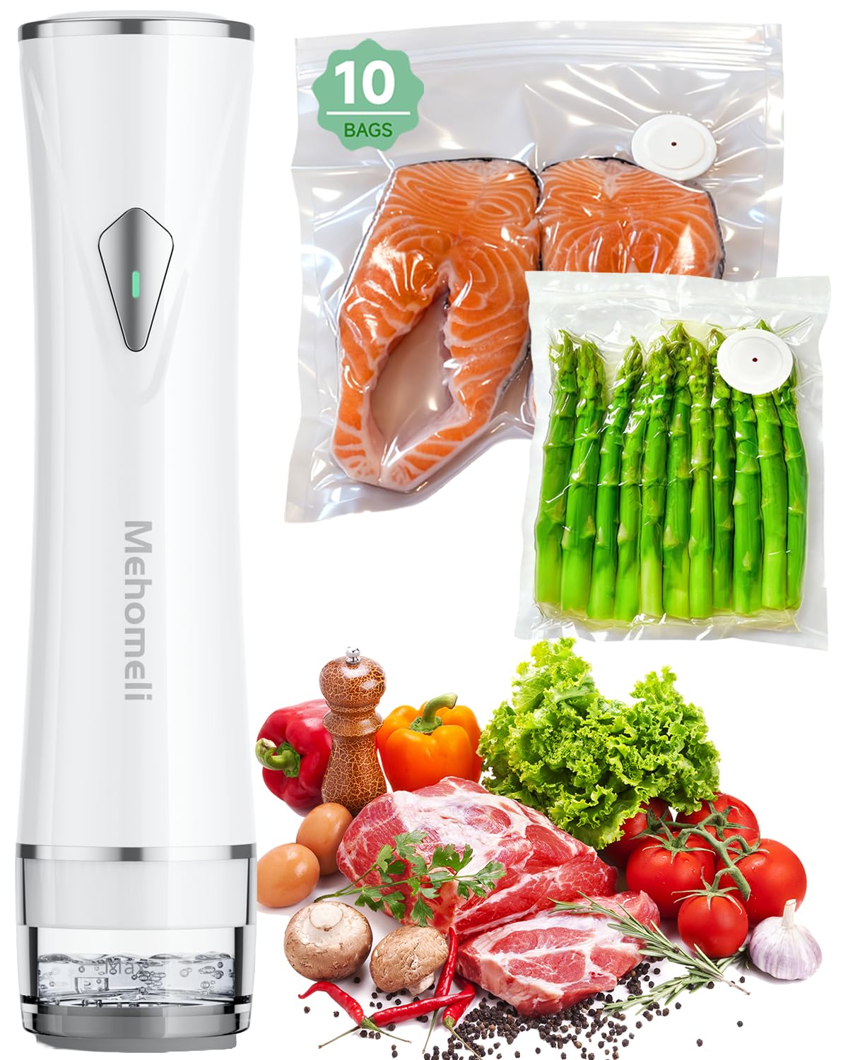 Mehomeli Compact Handheld Vacuum Sealer for Food with 10 Reusable Bags