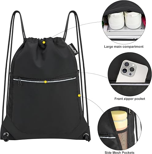 Miniatura 4 de HOLYLUCK Mochila pequeña con cordón y bolsillos de malla para hombres y mujeres, color negro