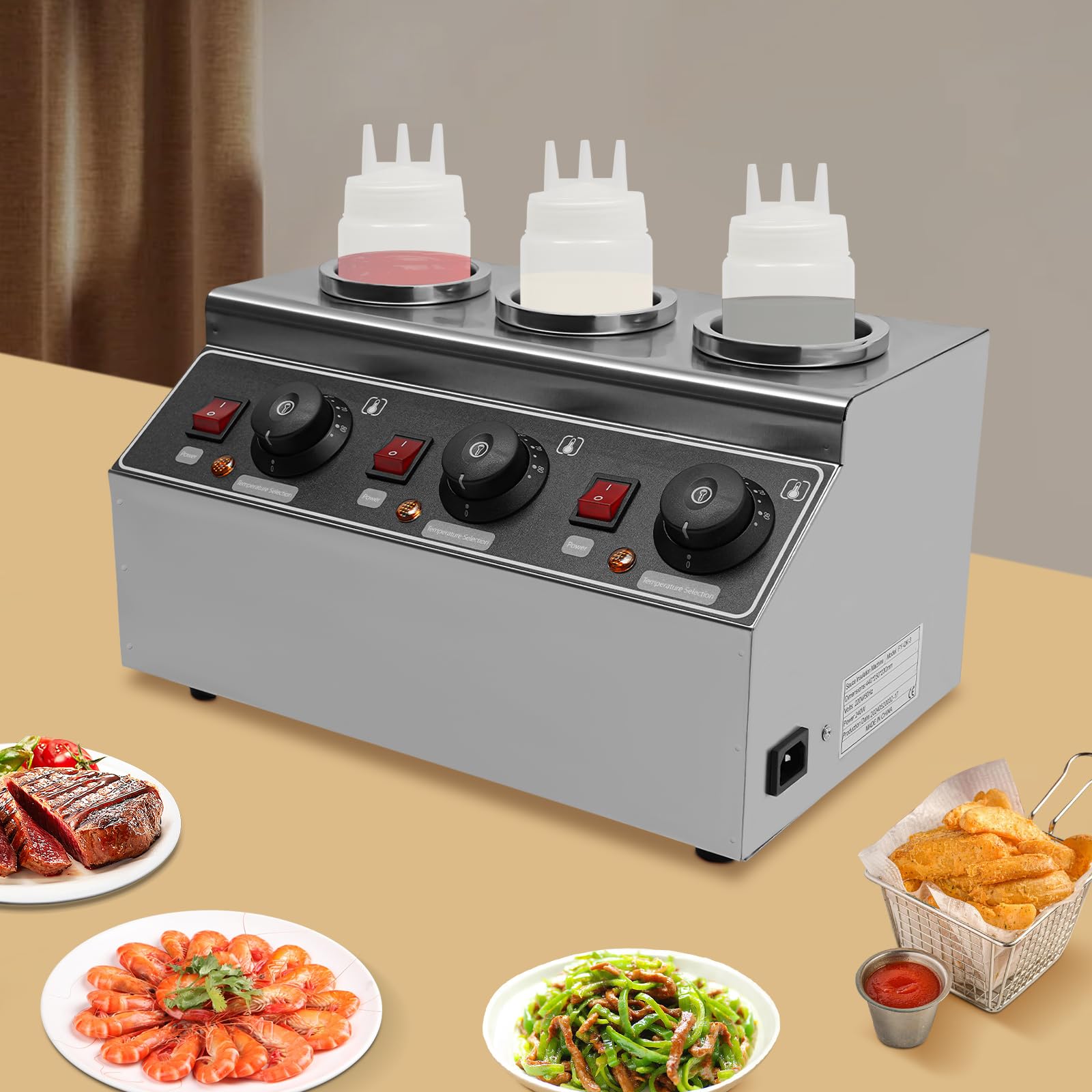 240w Chauffe-sauce électrique alimentaire 3 casseroles thermostat de sauce chaude humide en acier inoxydable 30℃ - 85℃ distributeur fonte fromage au chocolat machine conservation chaleur confiture
