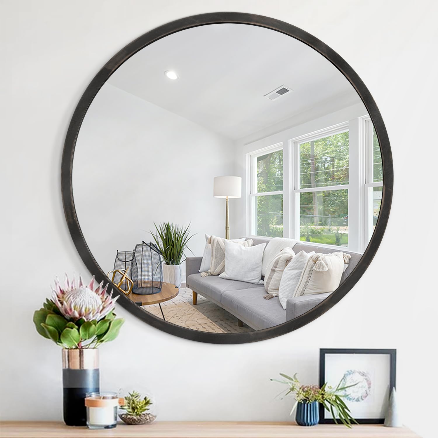 JJUUYOU 40CM Round Circle Mirror Vintage Wood Frame Wall Mounted Mirrors for Bathroom Living Room Bedroom Dormitory,Black