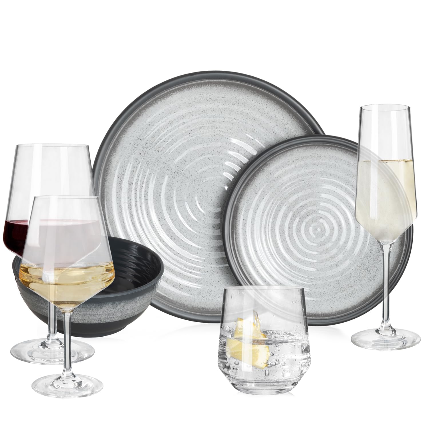 Melamina zestaw naczyń kempingowych dla 4 osób, Stone Grey + 16 szklanek Milano, kieliszki do wody, kieliszki do wina, szampana, zastawa stołowa, piknik, grill, naczynia do gotowania