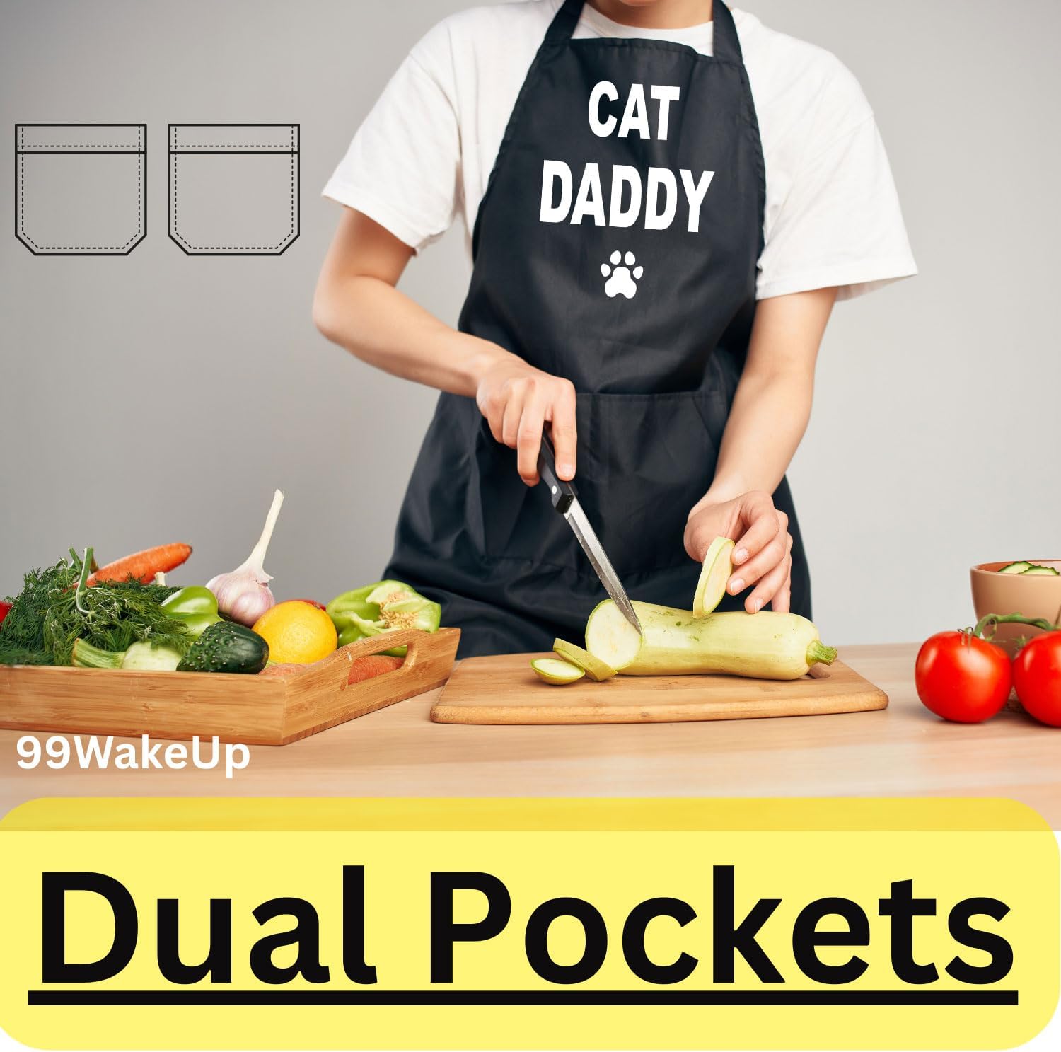 Cat Daddy Apron, Unisex, Black, One Size Fits All, Cotton Blend, Casual, Text Graphic, 2 Pockets