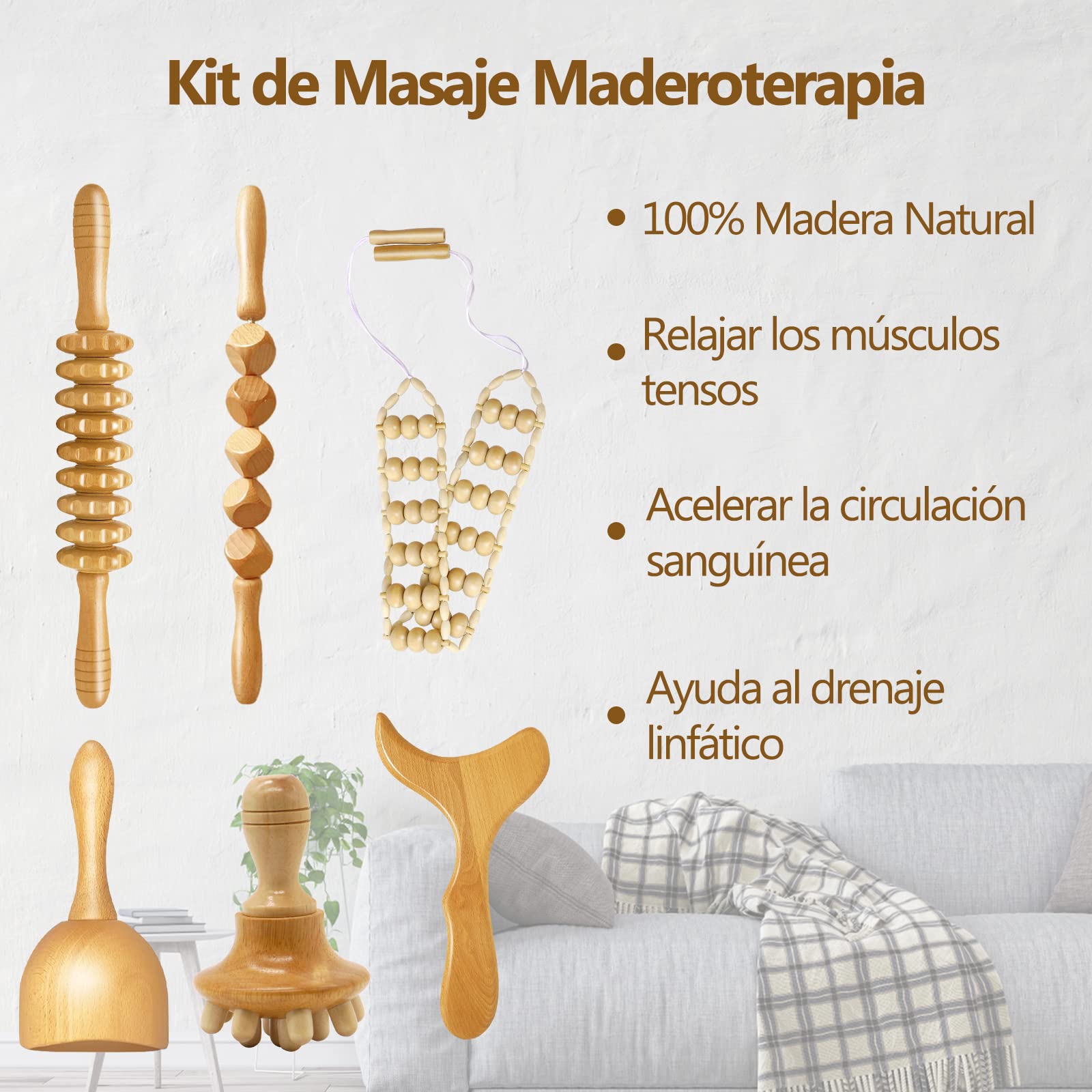 Kit Maderoterapia Corporal 6PCS, Masajeador Anticelulitico Piernas,Gluteos | Ecofriendly Madera, Rodillo Masaje, Ventosa Celulitis, Drenaje Linfático, Alivio del Cuerpo Dolor, Relajación Músculo