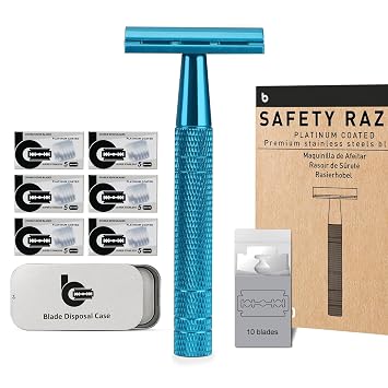Blue Safety Razor with 40 Blades & Container