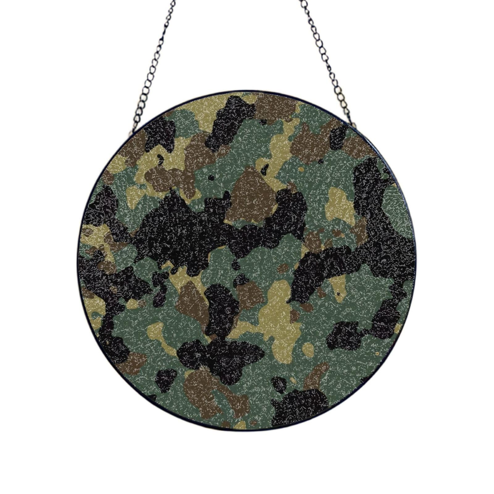 Phayah Camouflage Patterns Print Glass Window Hanging Round Suncatcher Glass Ornament Garden Wall Fence Decorations Indoor Outdoor 8in（20cm）