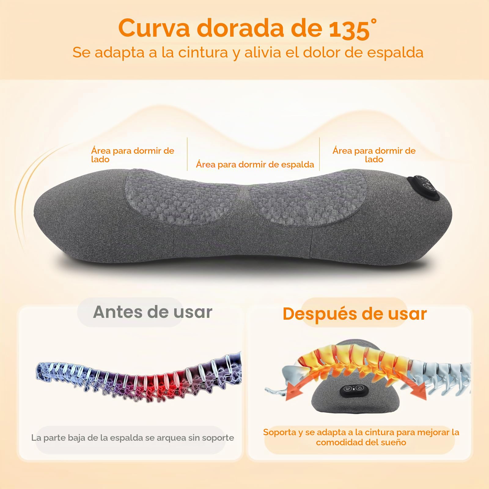 Almohada Lumbar Masajeadora Recargable 3 en 1 con Calor, Vibración y Estiramiento - Soporte Lumbar Ergonómico 26° para Oficina, Hogar y Viajes (Gris Oscuro)