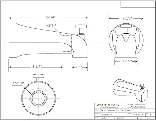 Miniatura 5 de Westbrass A531D-1F-62 Caño de bañera de montaje en pared de 5-14 pulgadas con desviador delantero, zinc, negro mate
