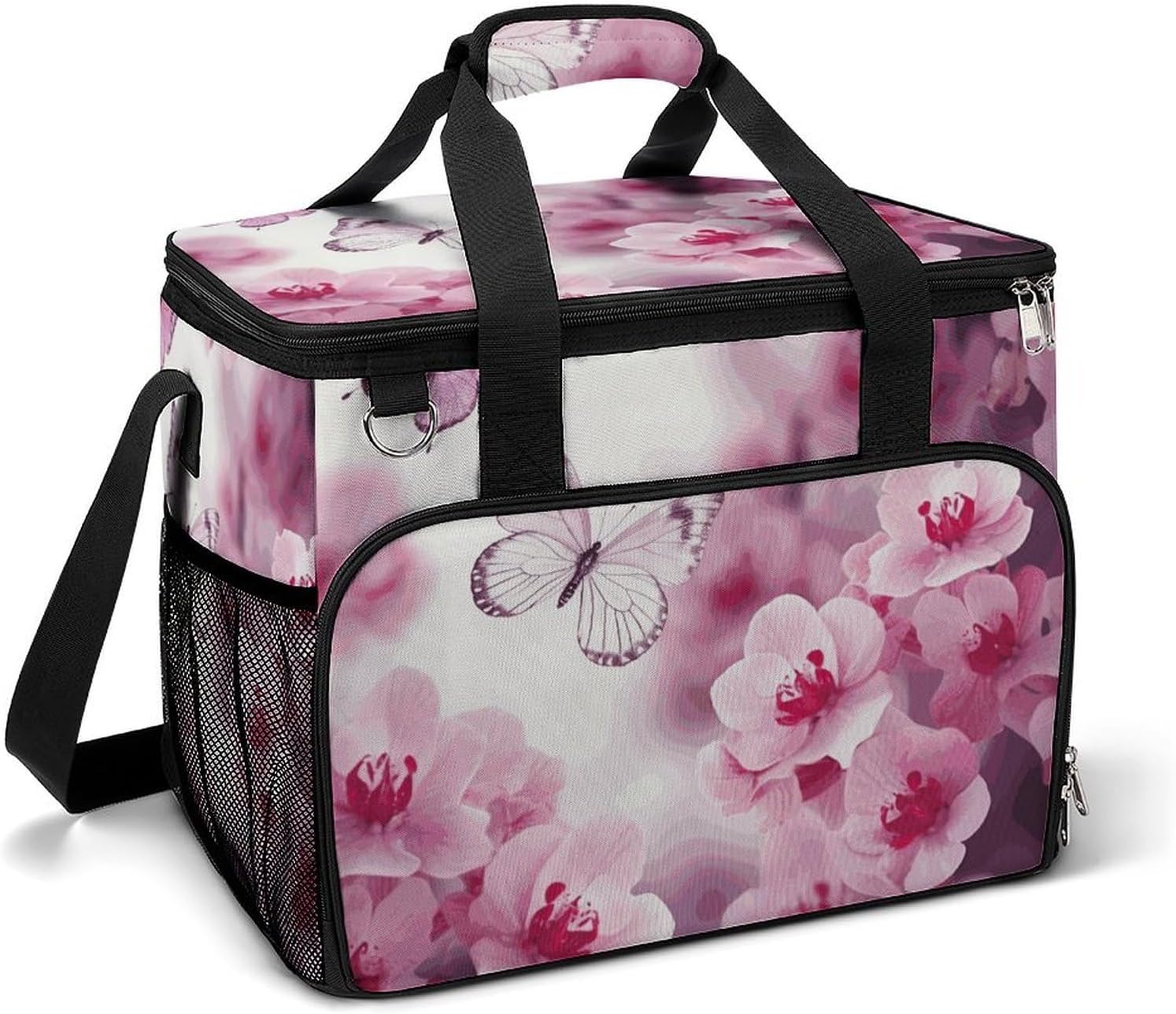 Insulated Picnic Backpack Tote Bag, Large Capacity 30L Flowers and Butterfly Cooler Bag Leakproof Beach Bags Portable Lunch Box Waterproof Picnic Basket for Beach Camping BBQ