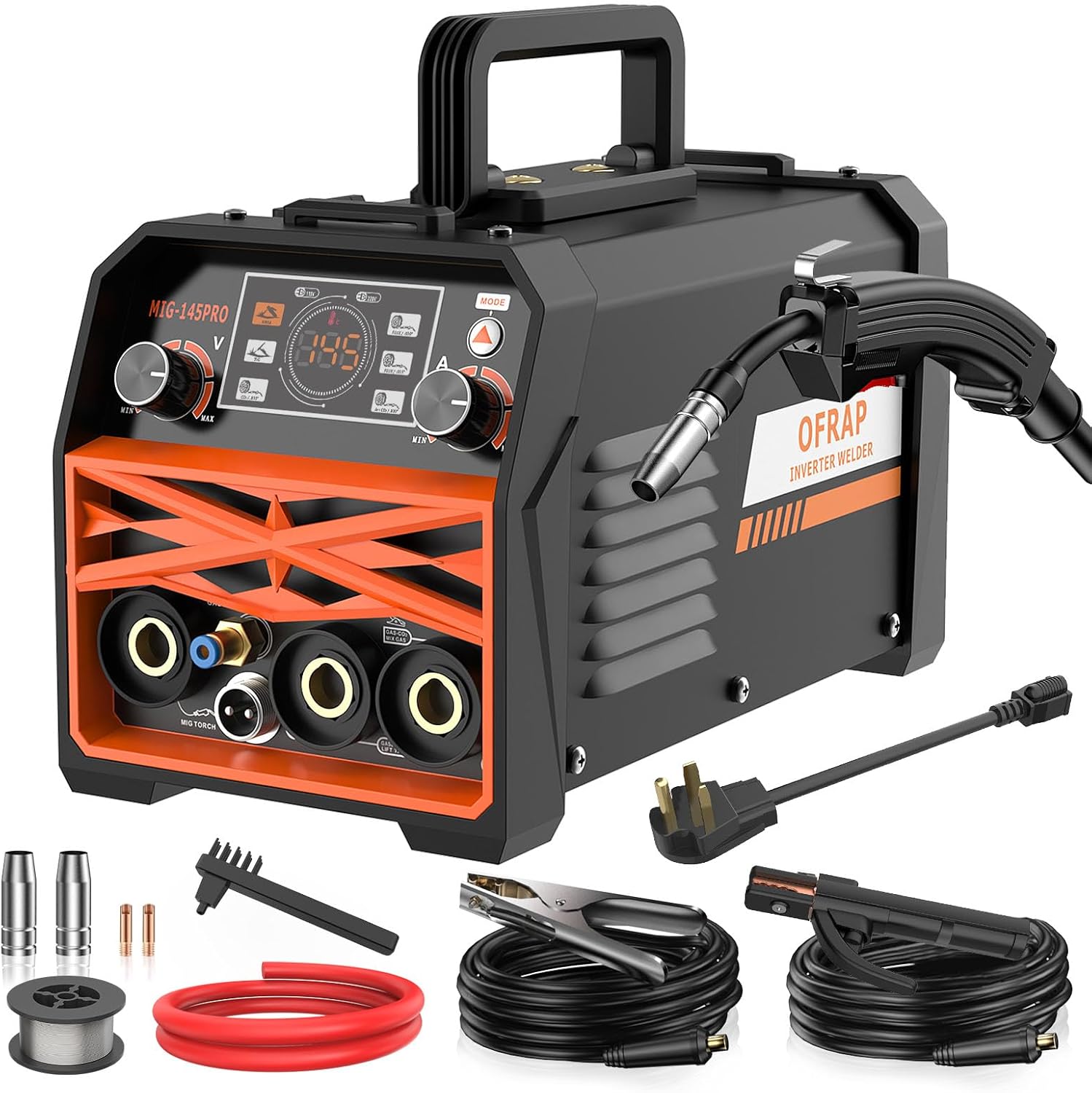 MIG Welder 145A,110/220V Gas MIG/Flux Core MIG/Stick/Lift TIG 4 in 1 Welding Machine with Synergy, IGBT Inverter Portable MIG Welder for Home/Garage User, Come with Welding Wire(MIG145PRO)