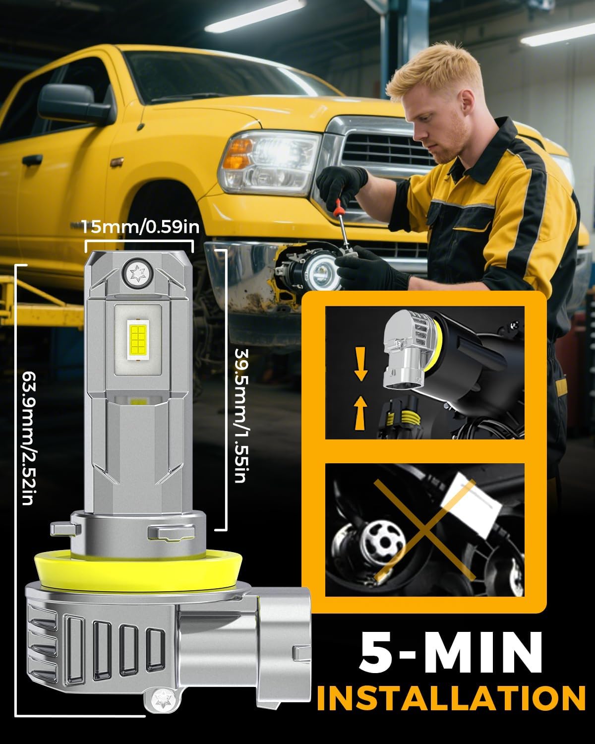 BMT xms H8 H11 H16JP Fog Light Bulbs - 400% Brighter 6500K White Fog Lamp - 1:1 Mini Size, Pack of 2