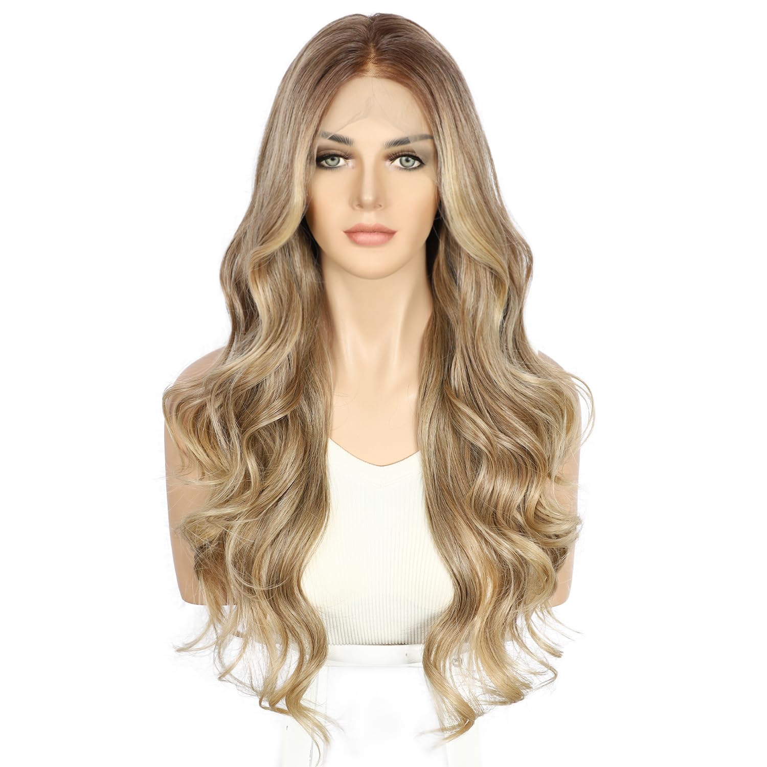 Sapphirewigs Blond Lace Front Perücke Synthetische Körper Welle Blond Balayage Perücken Damen Party Date Tägliche Tragen Natürlich Aussehen Weihnachten 26inch