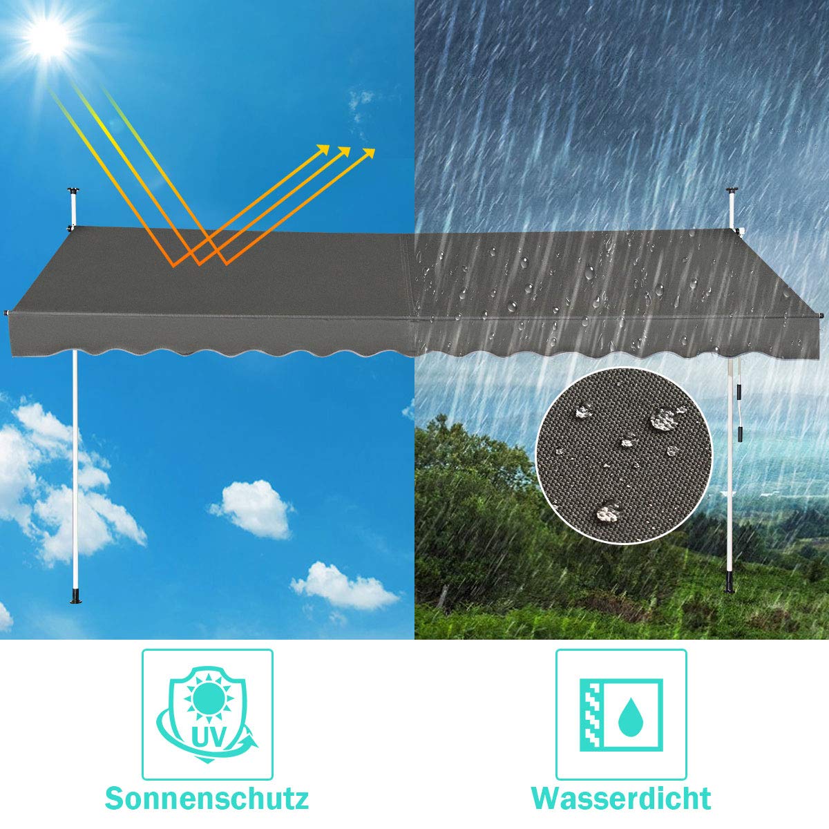 GOPLUS Klemmmarkise 400cm breit, Markise Balkon ohne Bohren, Markise mit Handkurbel, UV-beständig höhenverstellbar wasserabweisend, Sonnenschutz für Balkon Terrasse & Garten (Grau, 400cm)