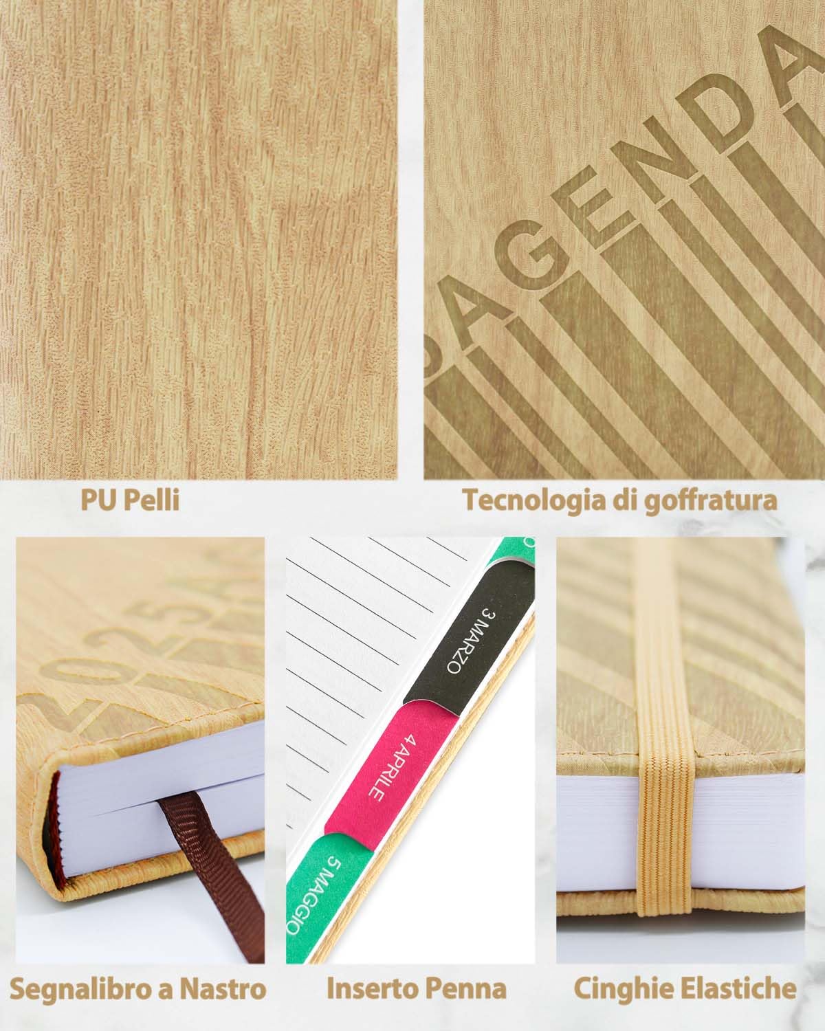 HW CASA Agenda Giornaliera 2025 Taccuino,Formato A5,200 Pagine Agenda Giornaliera,Copertina in Pelle PU Goffrata con Venature del Legno,Design a Pagina Singola ed Etichette Mensili Colorate,Giallo