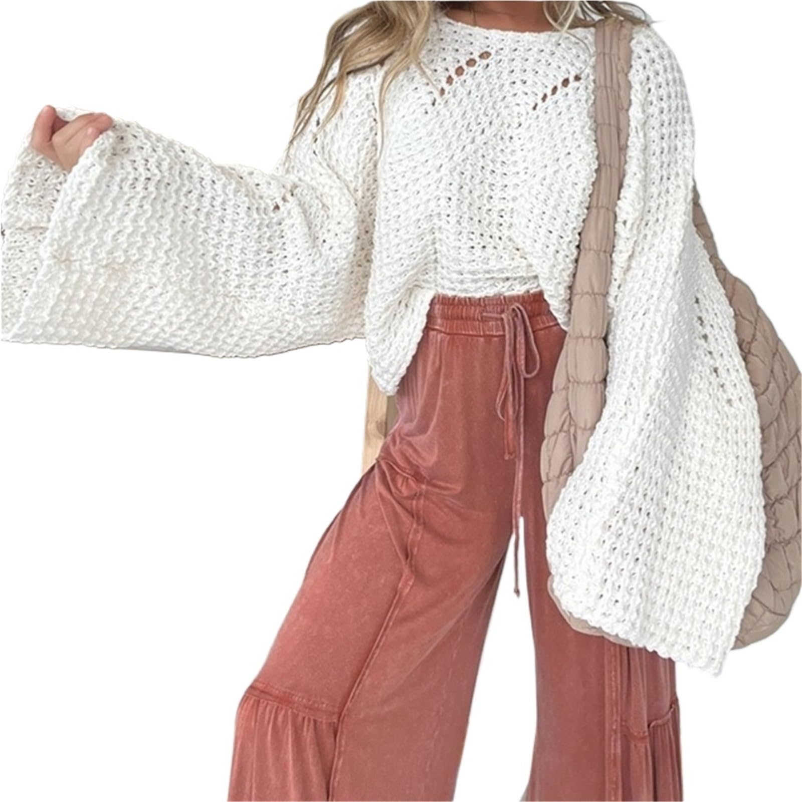 Womens Casual O-Neck Long Sleeve Knitwear Lantern Sleeve Knitted Sweater Autumn Solid Loose Knitted Pullover White S M
