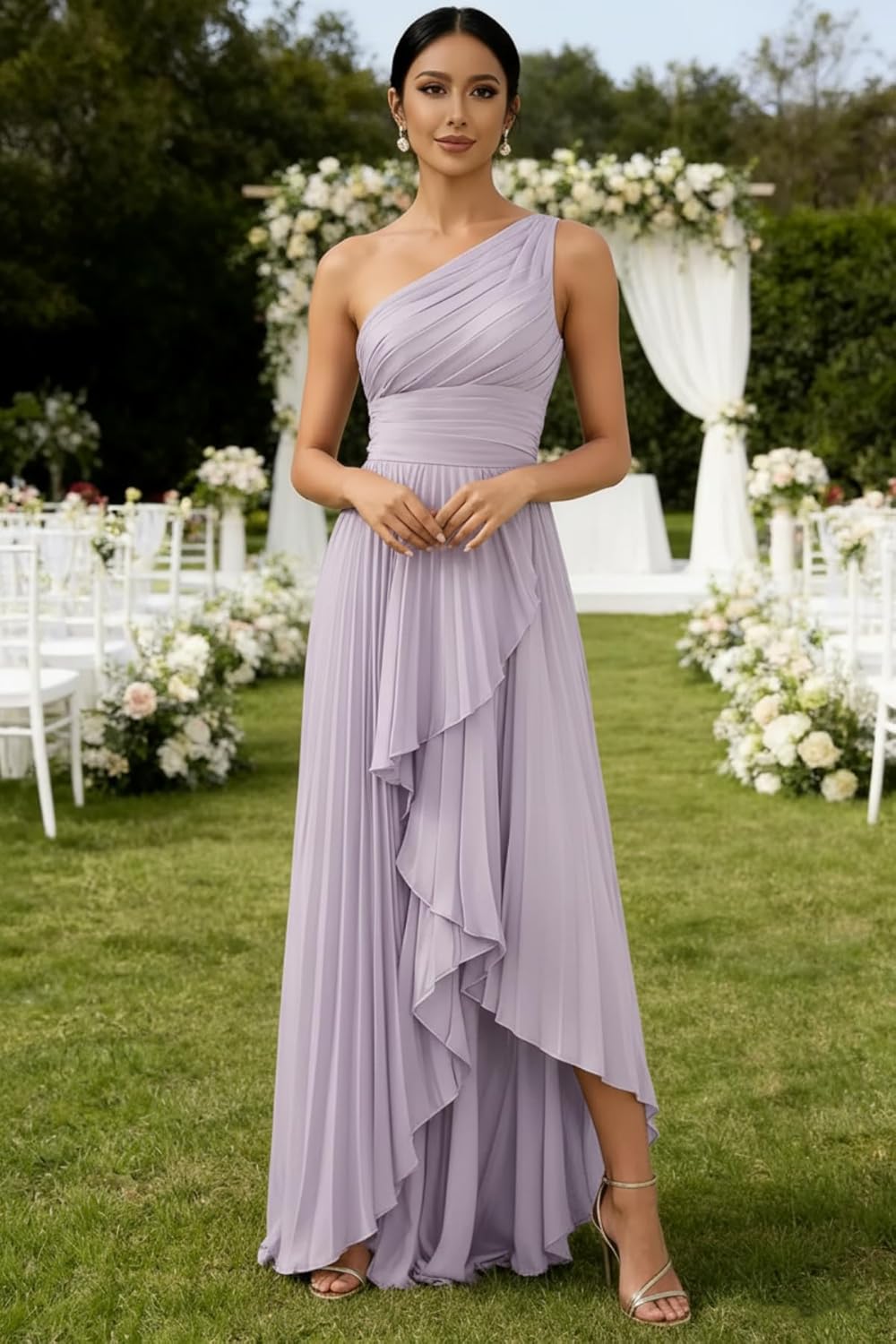 One Shoulder Chiffon Bridesmaid Dresses Long for Women Pleated A Line Wedding Guest Dress