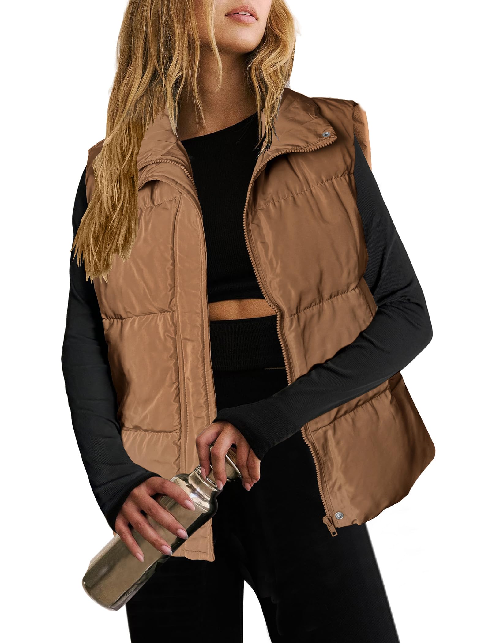 Zeagoo Vest voor dames, kort, mouwloos, gewatteerd vest, herfst, licht, vest, gilet, warme winterjas, opstaande kraag, vest met ritssluitingen, S-XXL, beige, M Zeagoo Vest voor dames, kort, mouwloos, gewatteerd vest, herfst, licht, vest, gilet, warme winterjas, opstaande kraag, vest met ritssluitingen, S-XXL, beige, M