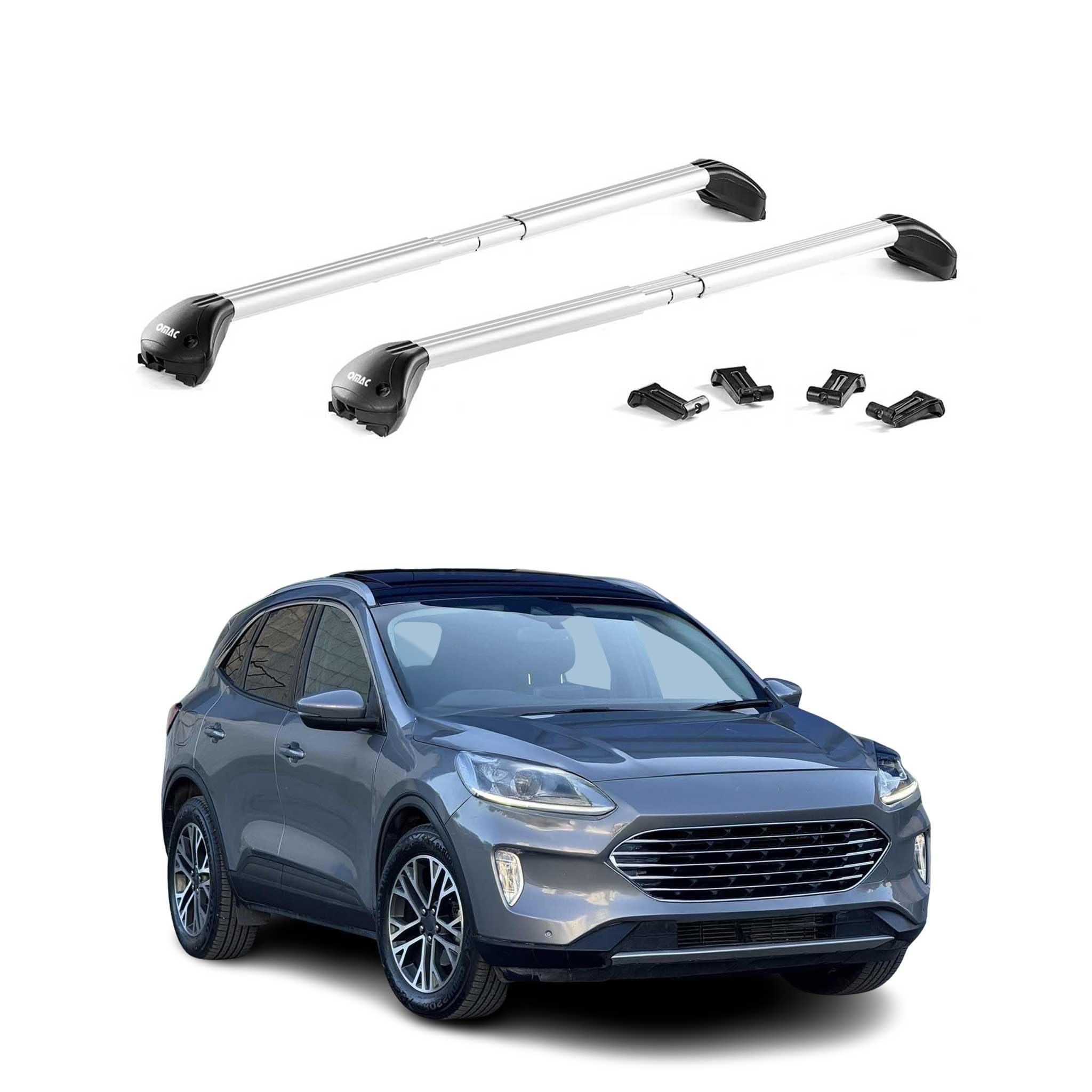 OMAC Barres de Toit transversales certifiées TÜV pour Ford Kuga III 2019-2026 – Verrouillables (4 antivols) – Charge Max 100 kg – Fixation Durable Argent