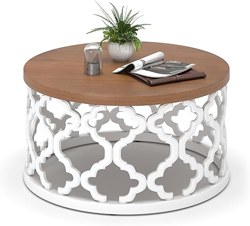 Miniatura 3 de Usinso Mesa auxiliar redonda de granja, mesa superior de grano de madera con base de marco de motivo curvado, mesa auxiliar de campo francés,