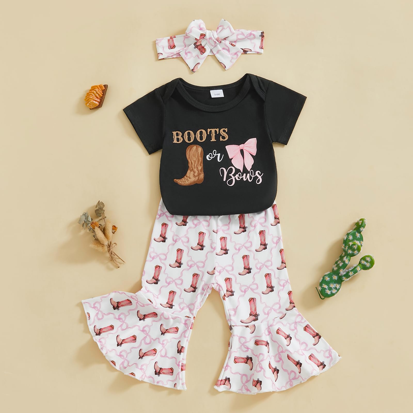 SAYOO Western Baby Girl Clothes Boots or Bows Letter Bodysuit Romper Cow Print Flared Pants Headband Cowgirl Country Outfit (Black, 3-6 Months)