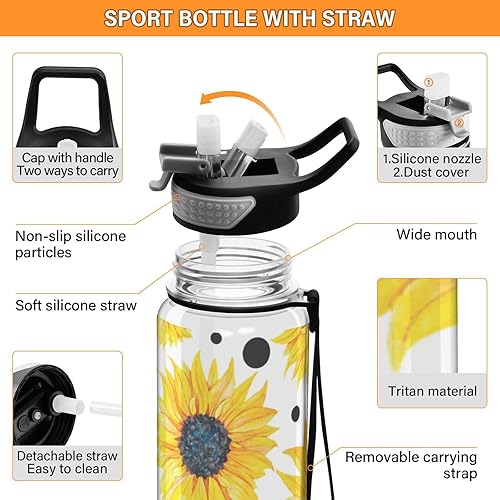 Miniatura 4 de Flradish Yellow Sunflowers Pattern Tritan Sport Water Bottle with Straw Lid Clear Plastic Leakproof Water Bottles BPA Free Wide Mouth Water Bottle -