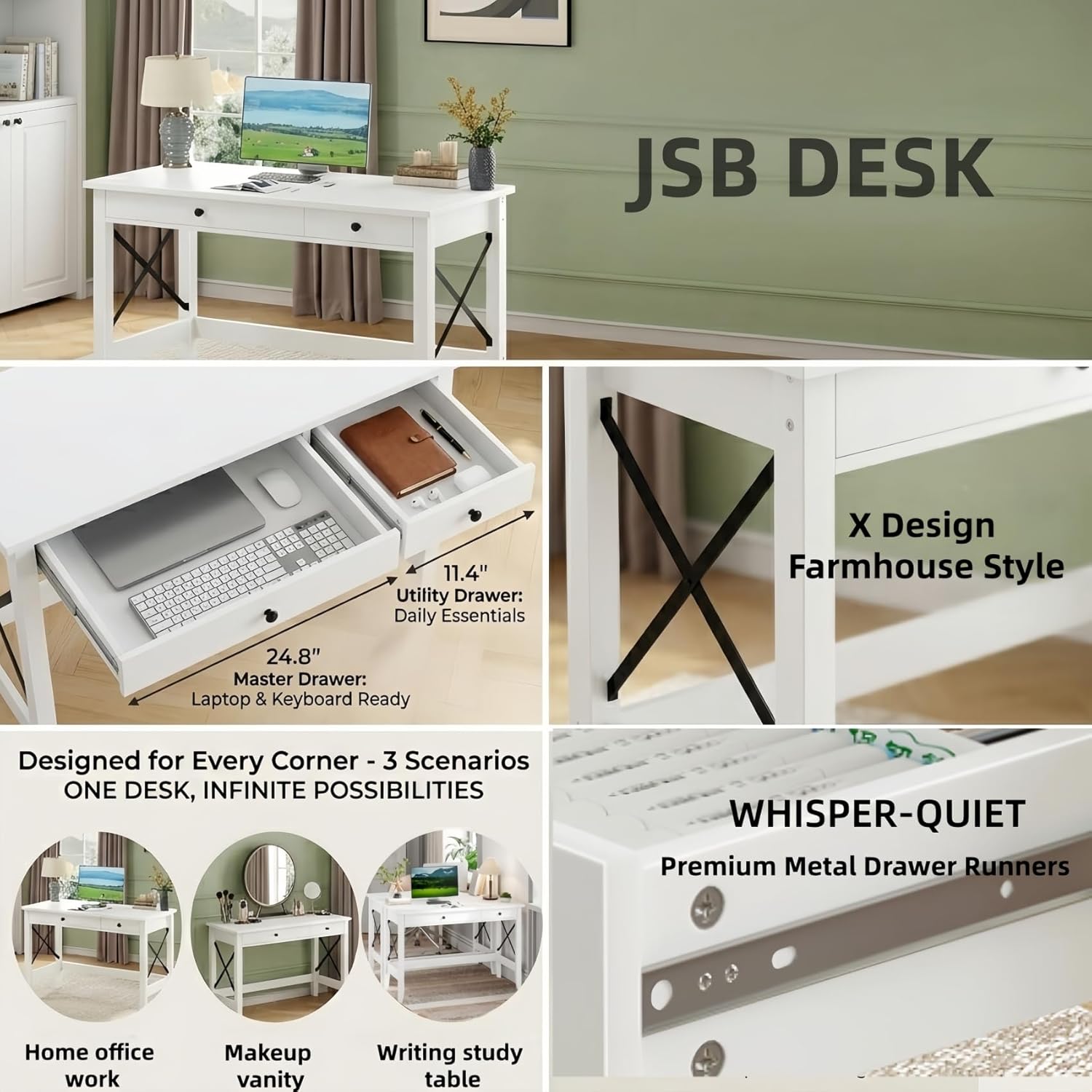 JSB 43.3'' White Computer Desk for Home Office,Farmhouse Executive Desk with 2 File Drawers,Study Writing Table Storage Cabinet,Makeup Vanity Desk for Bedroom (White, 43.3in)