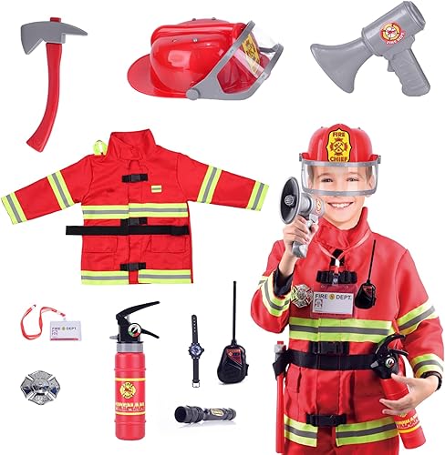 Disfraz de bombero de 10 piezas incluye casco para niños, bombero de simulación de juego de roles para niños, niños y niñas, traje de jefe de